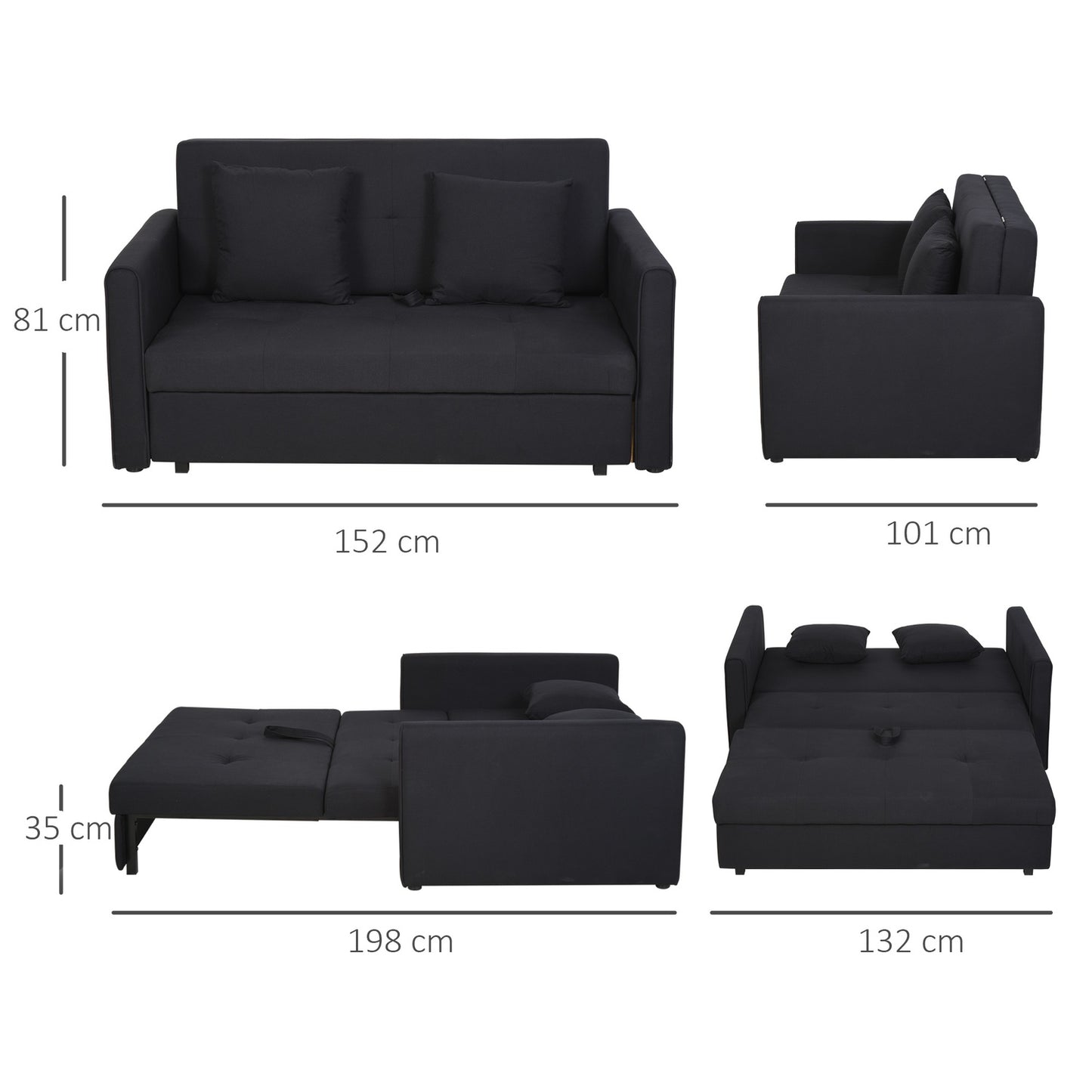 2-seater sofa bed with storage and polycotton cushions, grey