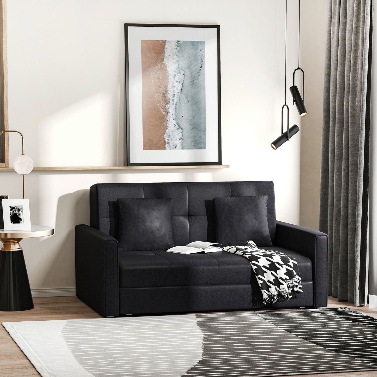 2-seater sofa bed with storage and polycotton cushions, grey