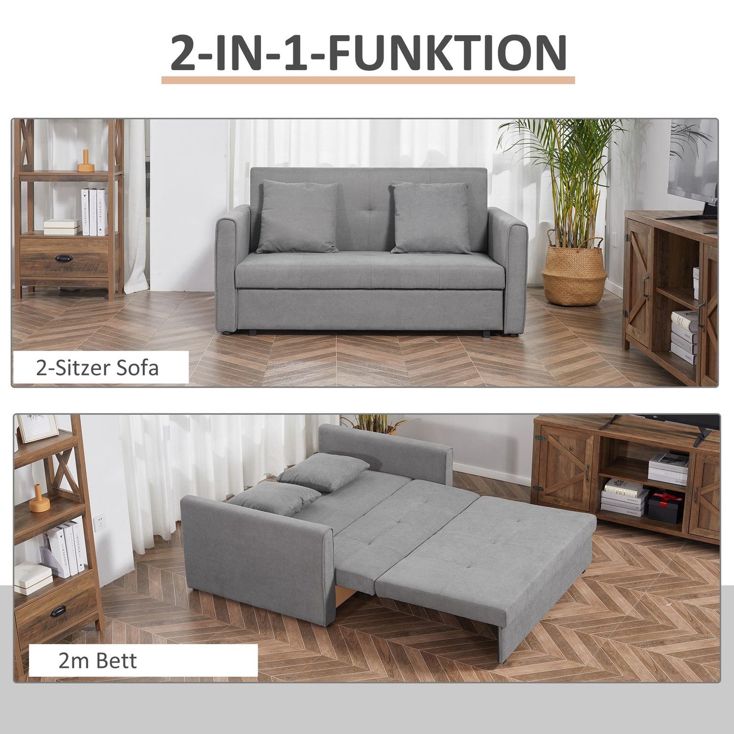 2-seater sofa bed with storage and back cushion, grey