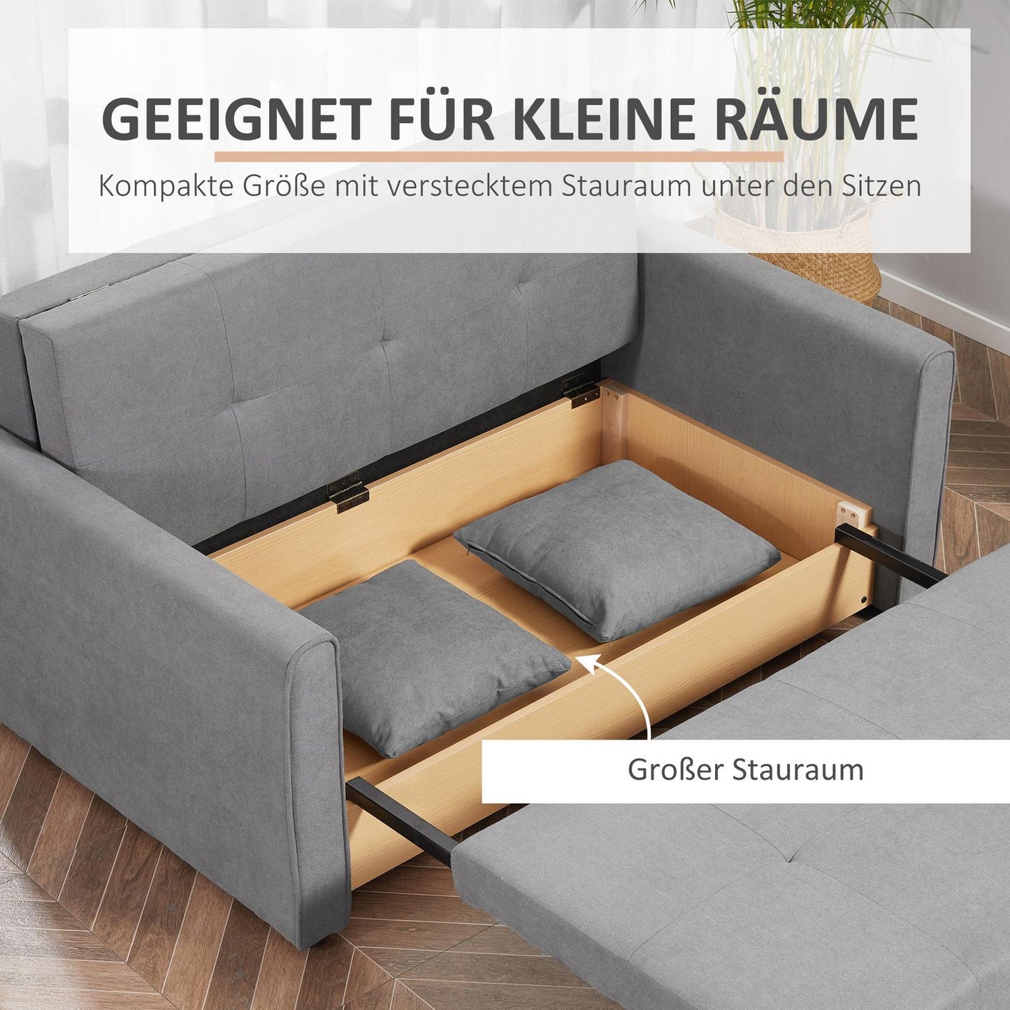 2-seater sofa bed with storage and back cushion, grey