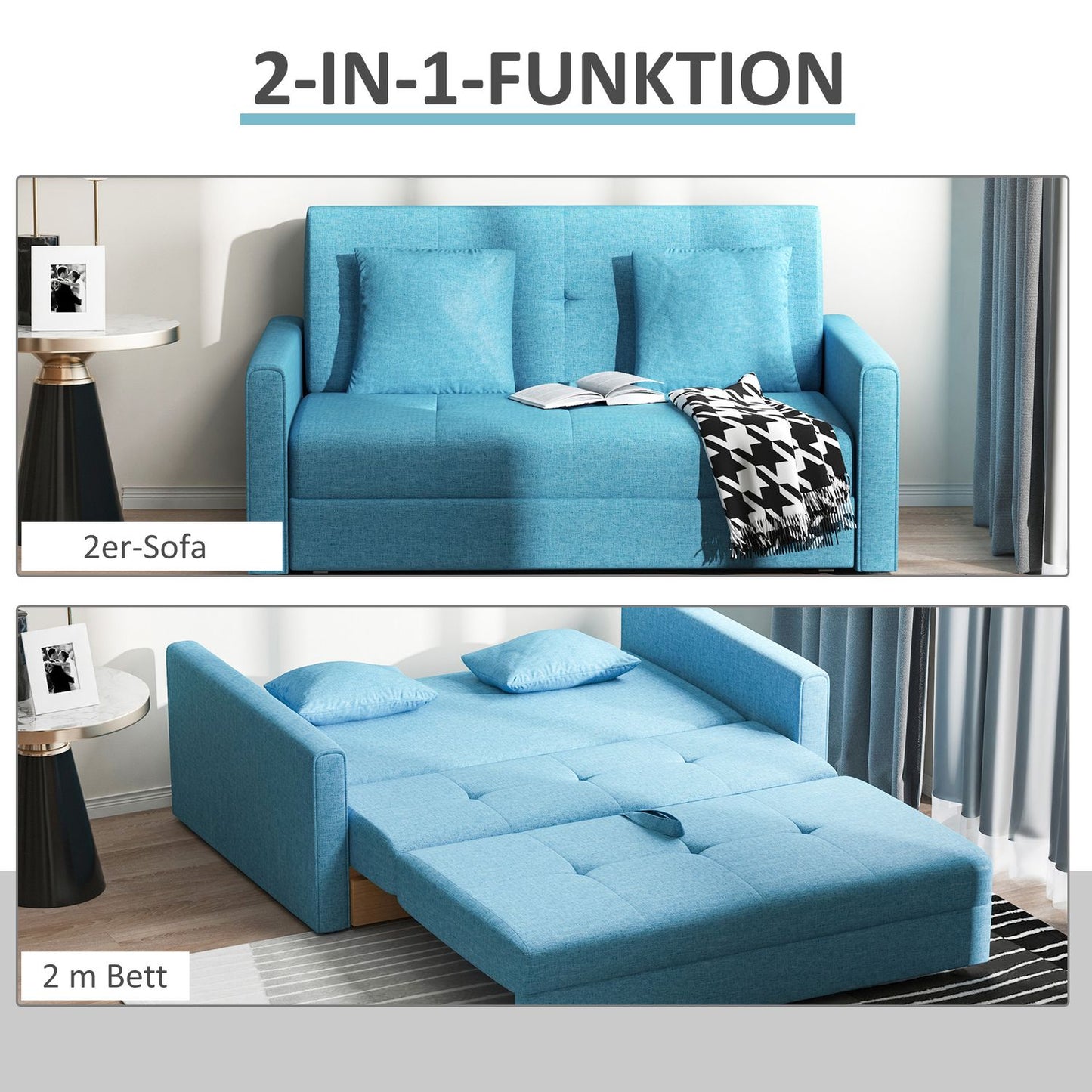 2-seater sofa bed - storage, light gray polycotton