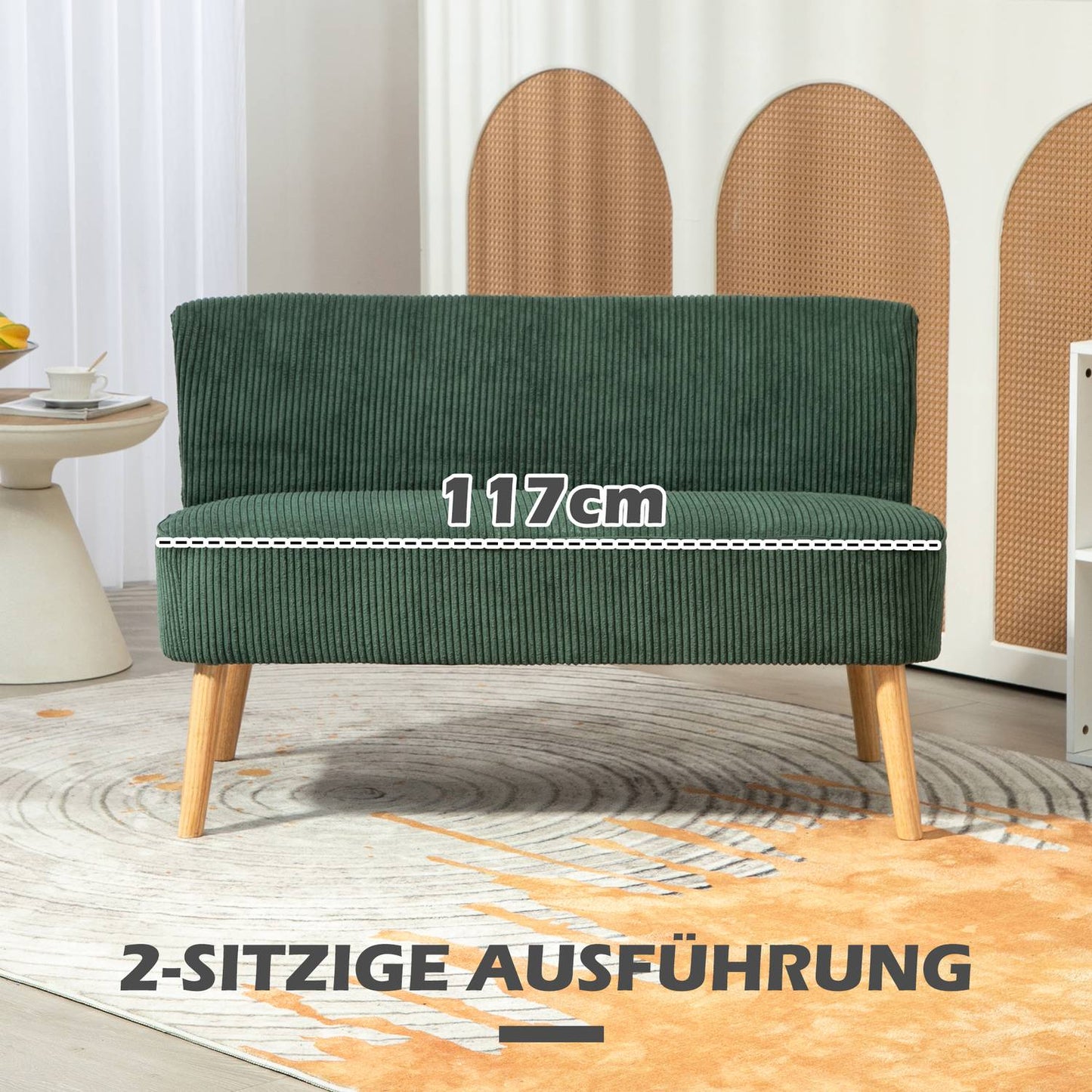 Green 2-seater sofa, corduroy look, wooden legs
