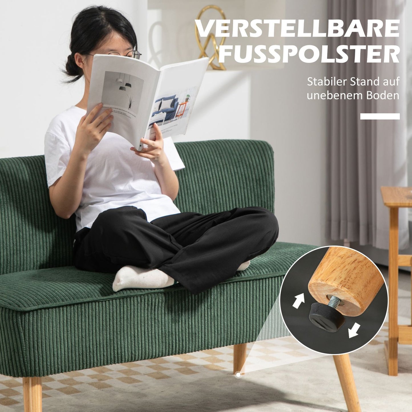 Green 2-seater sofa, corduroy look, wooden legs