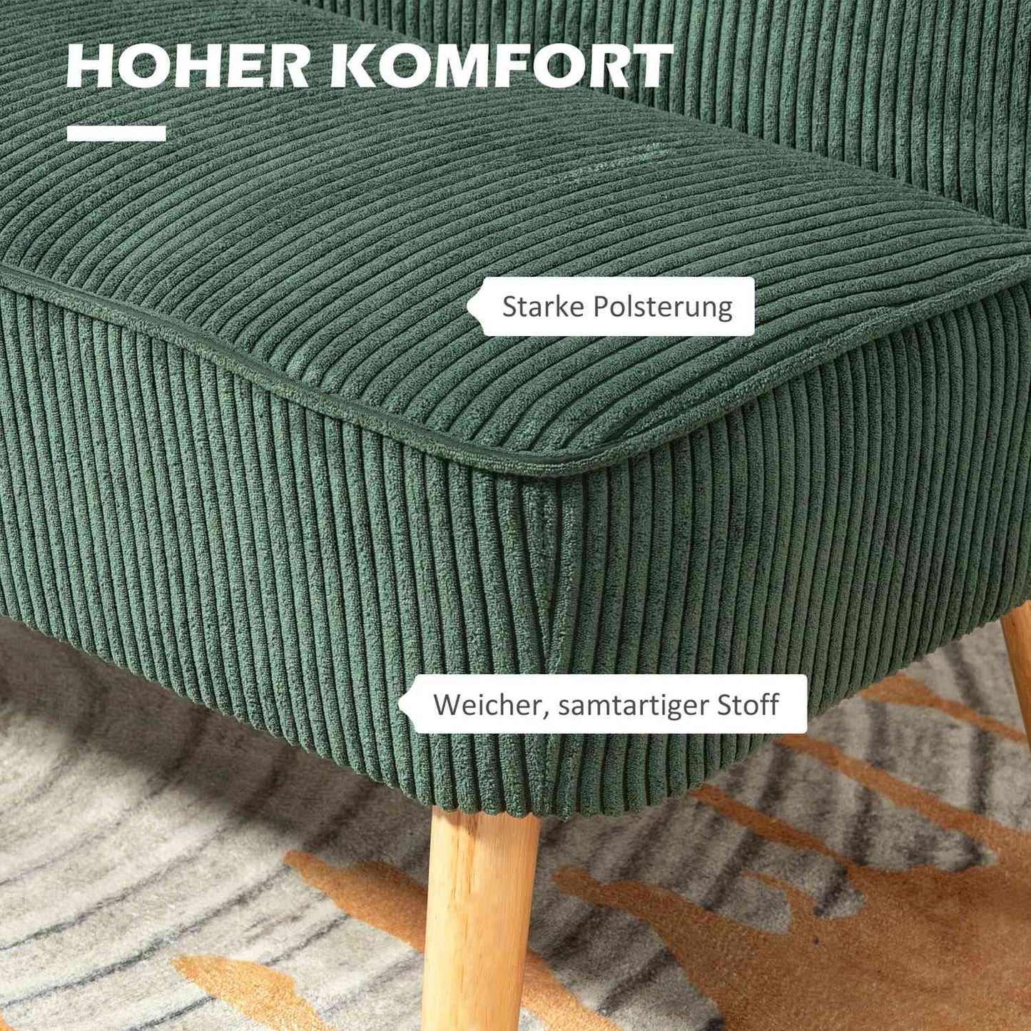 Green 2-seater sofa, corduroy look, wooden legs