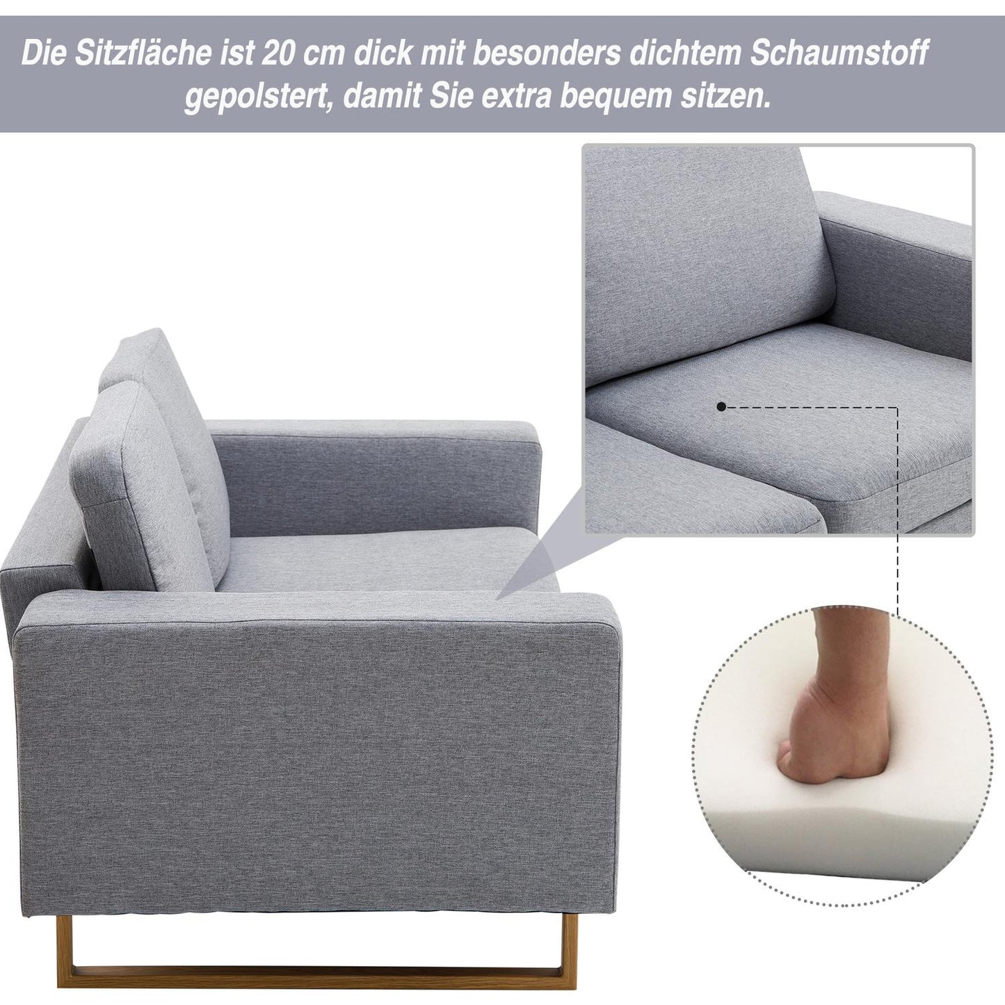 Light gray 2-seater upholstered corner sofa, wooden frame