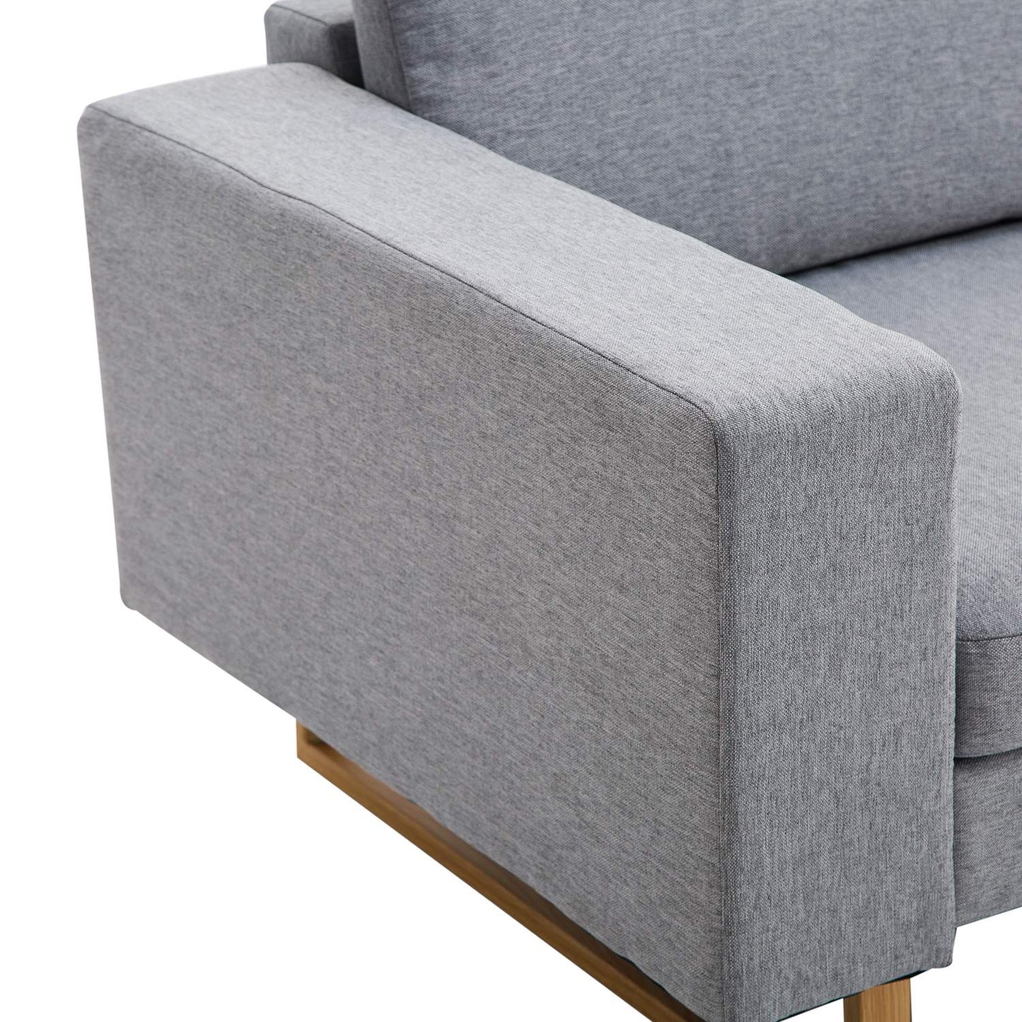 Light gray 2-seater upholstered corner sofa, wooden frame