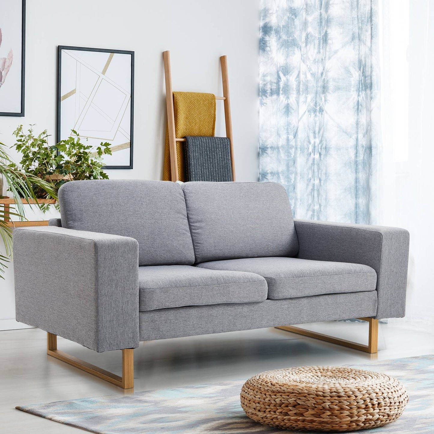Light gray 2-seater upholstered corner sofa, wooden frame