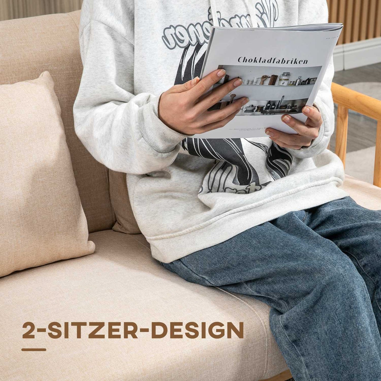 Beige 2-seater sofa with cushions, linen look, compact