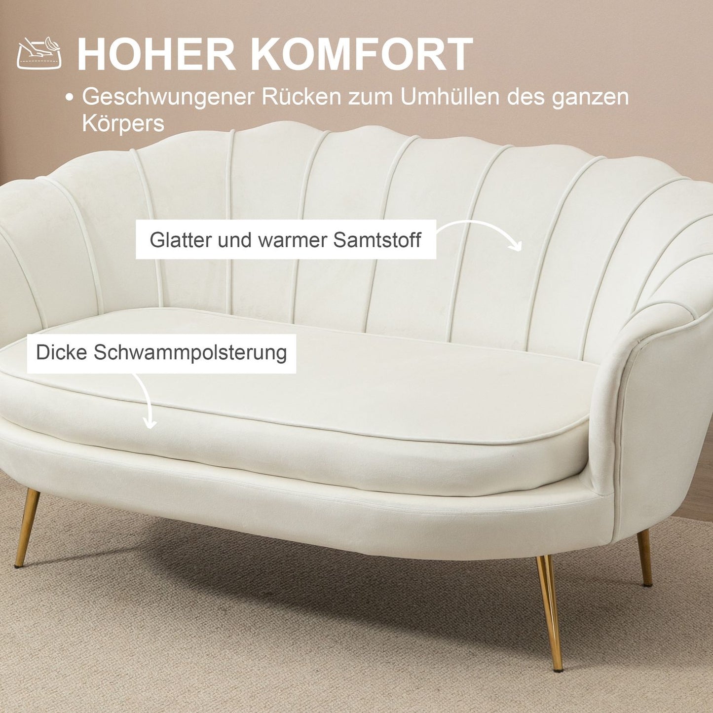 Velvet Loveseat sofa, Upholstered, 2-seater, Cream