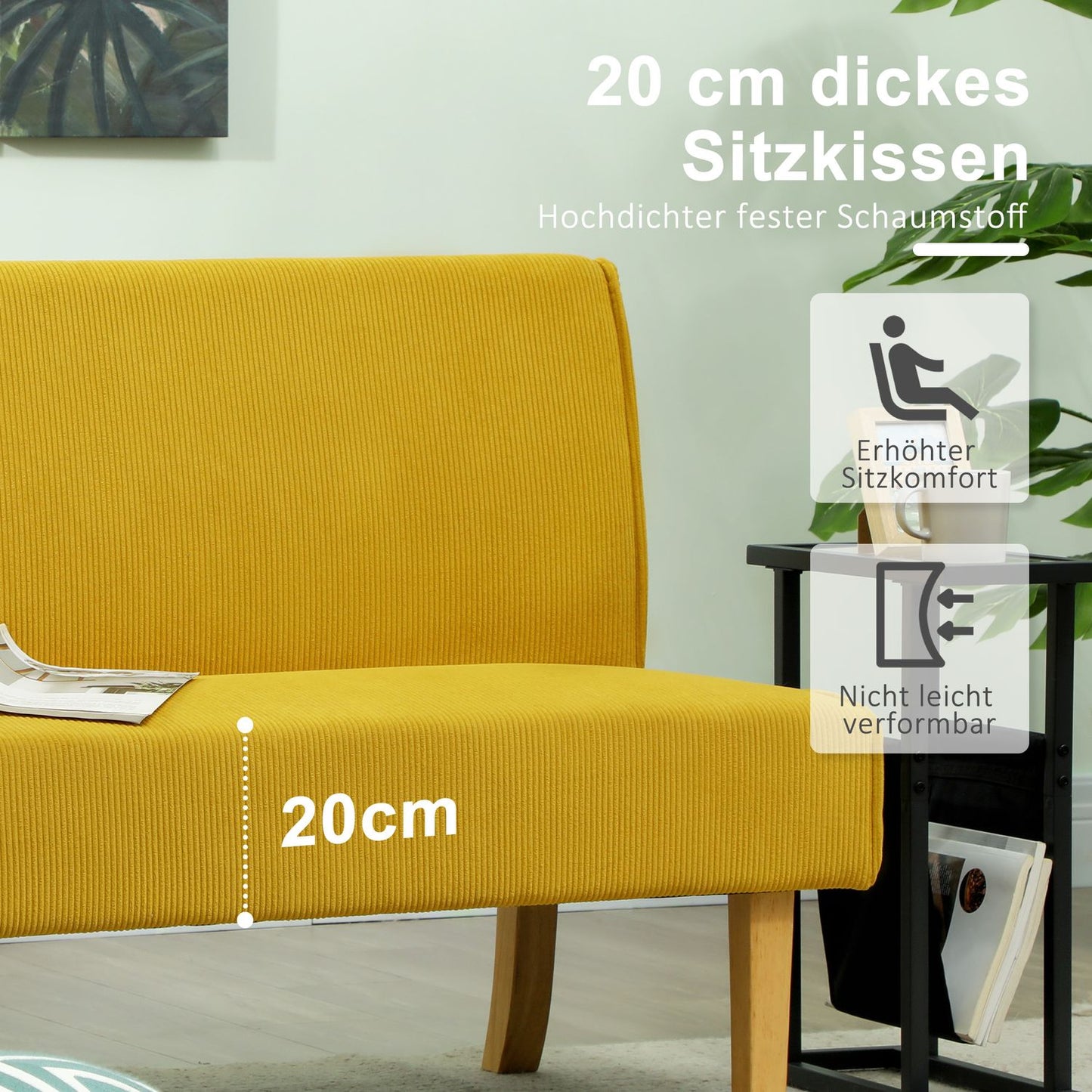 Yellow 2-seater corduroy look sofa, wooden legs, padded