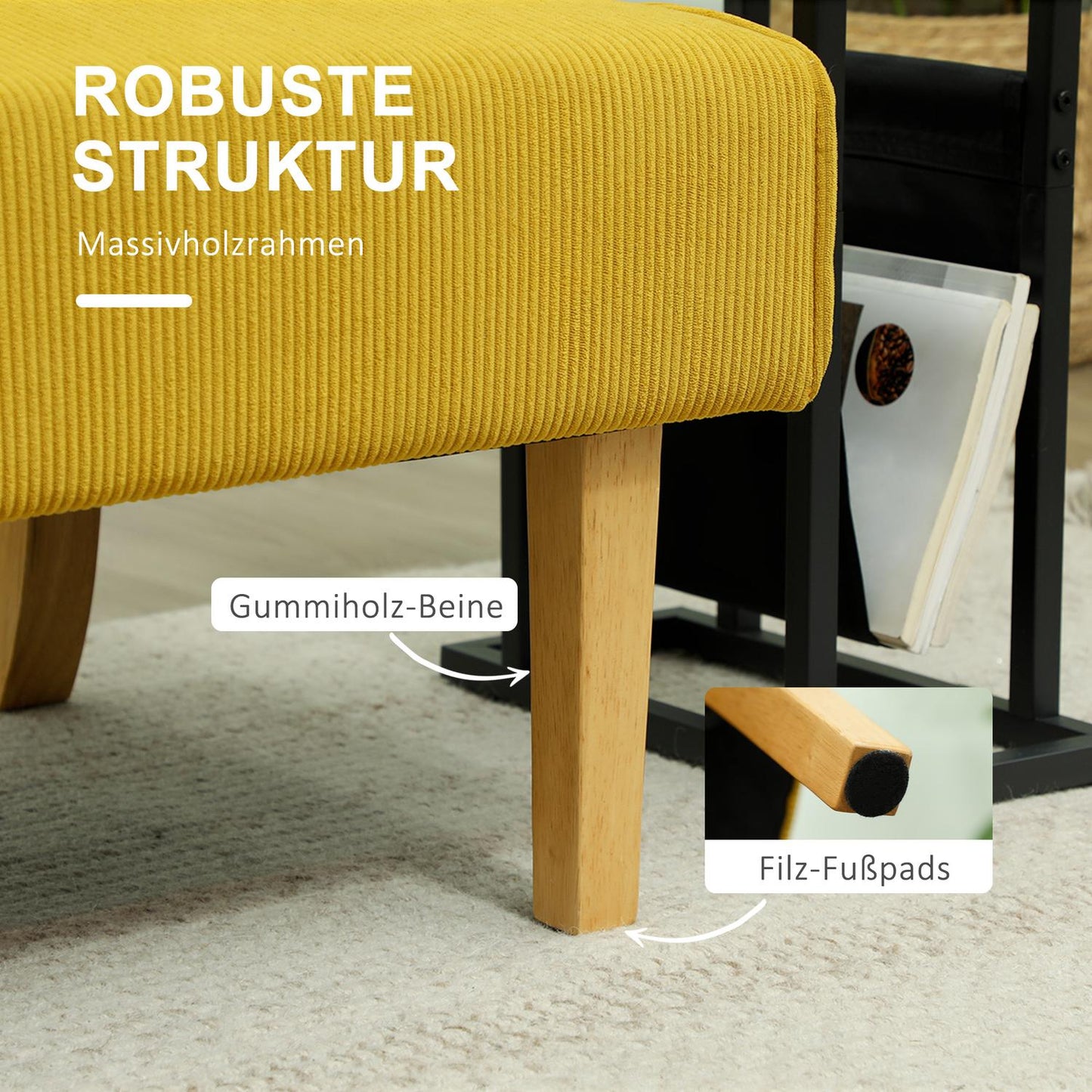 Yellow 2-seater corduroy look sofa, wooden legs, padded