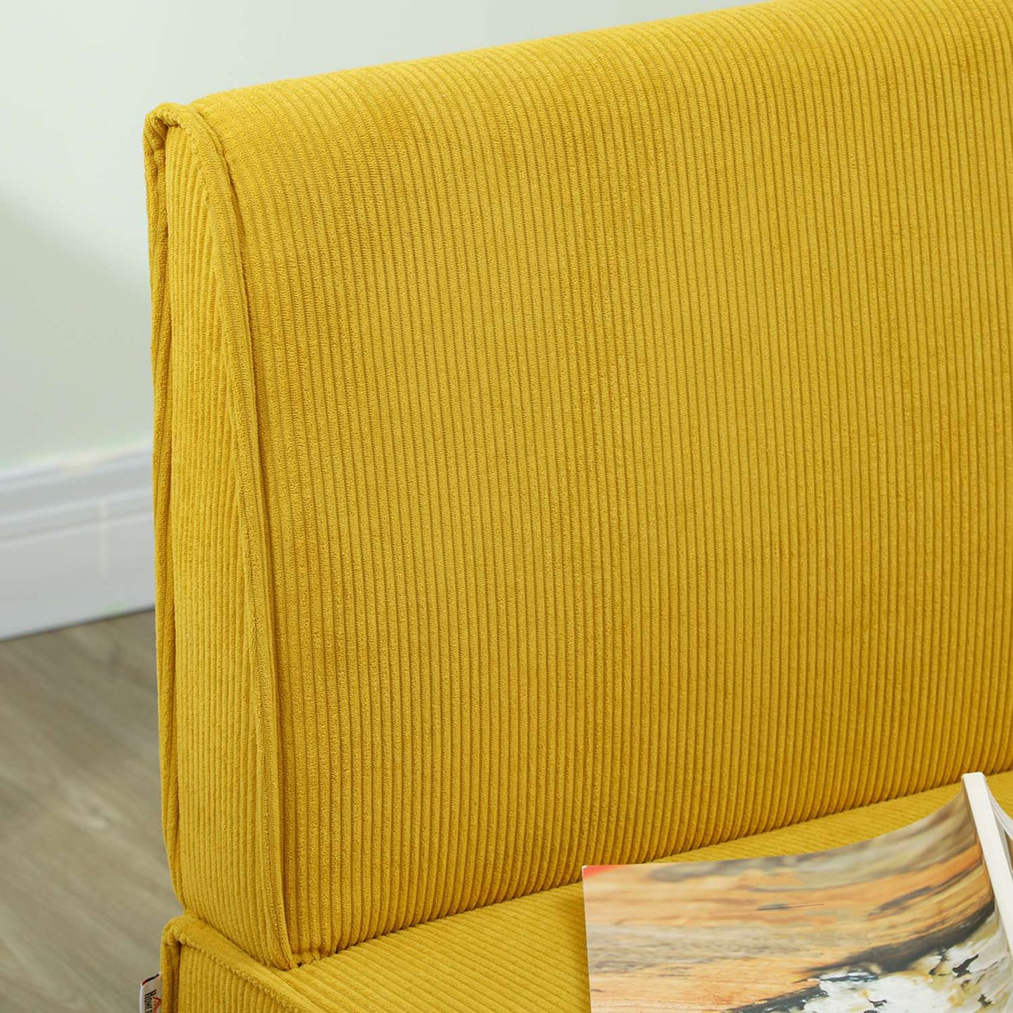 Yellow 2-seater corduroy look sofa, wooden legs, padded