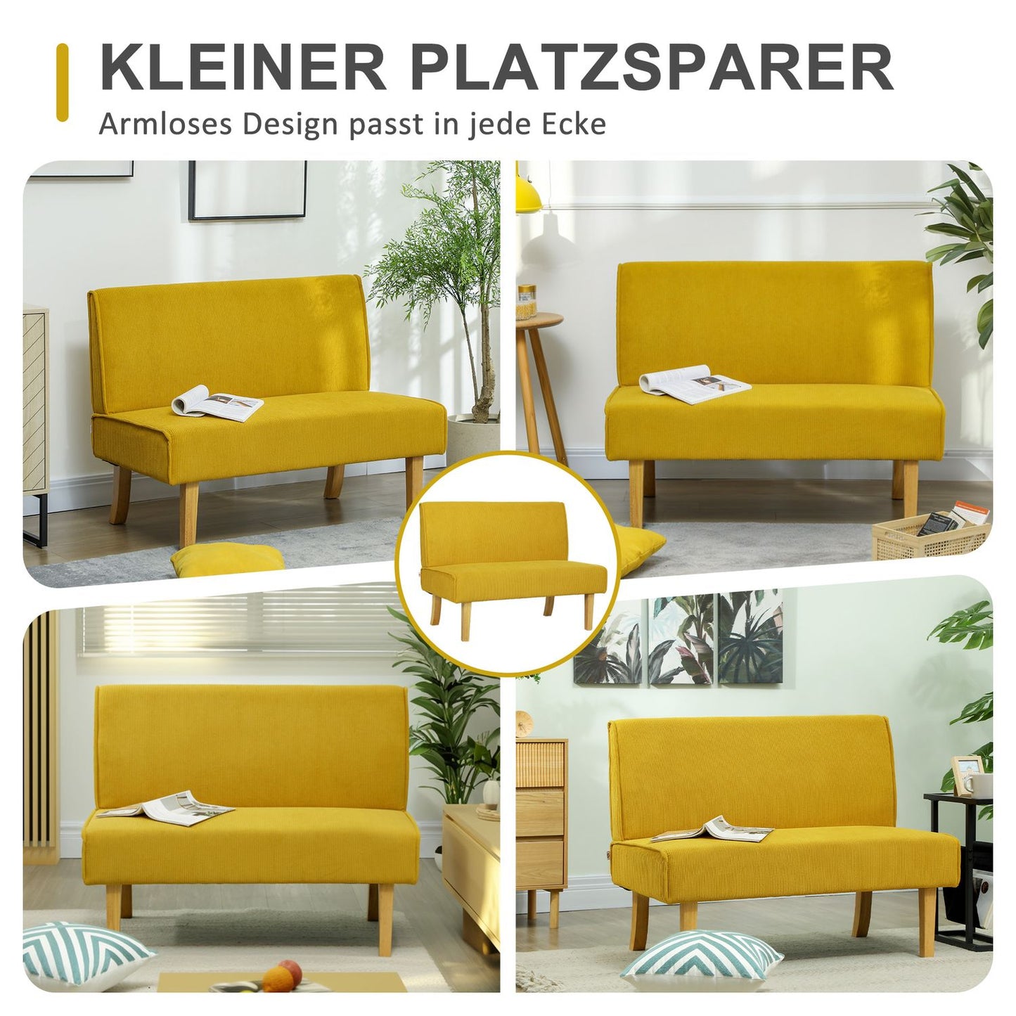 Yellow 2-seater corduroy look sofa, wooden legs, padded