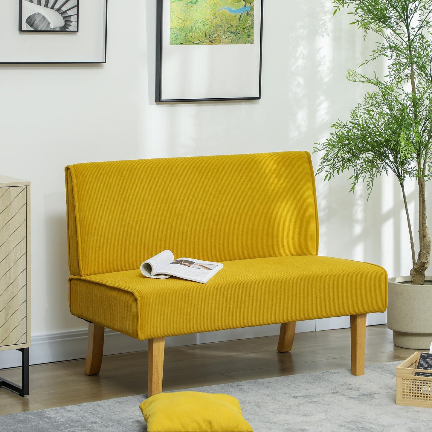 Yellow 2-seater corduroy look sofa, wooden legs, padded