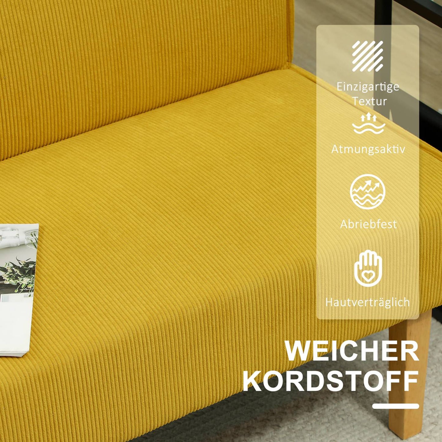Yellow 2-seater corduroy look sofa, wooden legs, padded