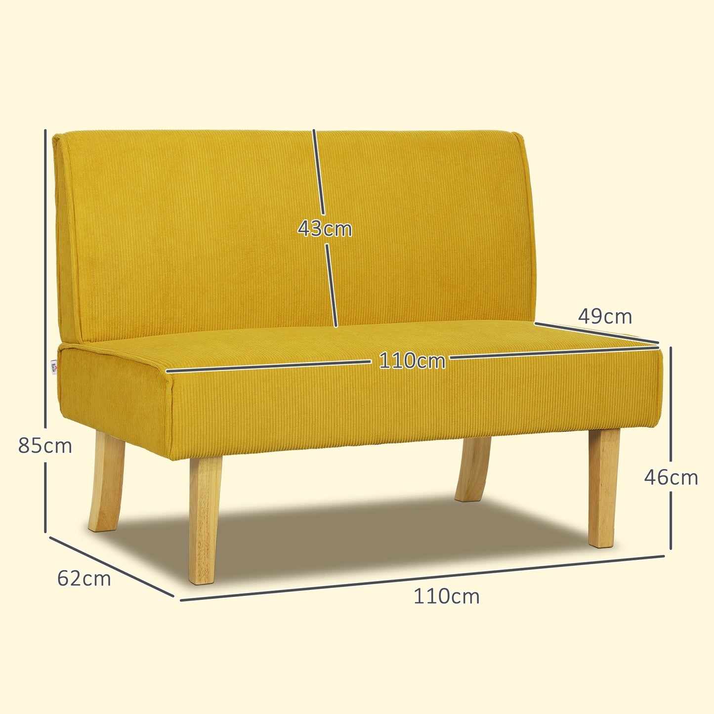 Yellow 2-seater corduroy look sofa, wooden legs, padded