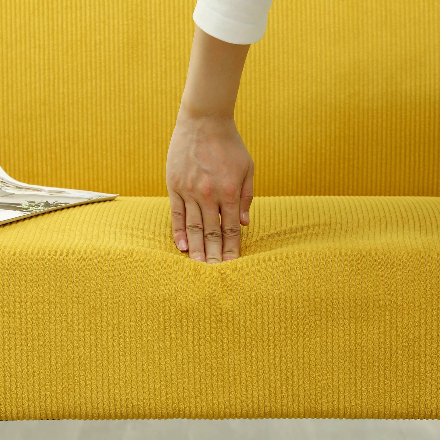 Yellow 2-seater corduroy look sofa, wooden legs, padded