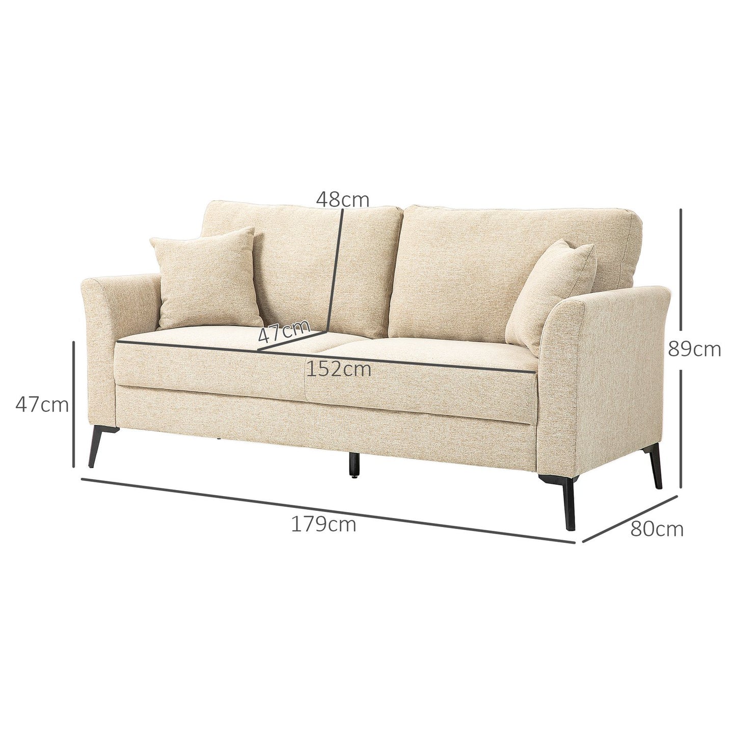 2-seater linen sofa, metal legs, beige upholstery