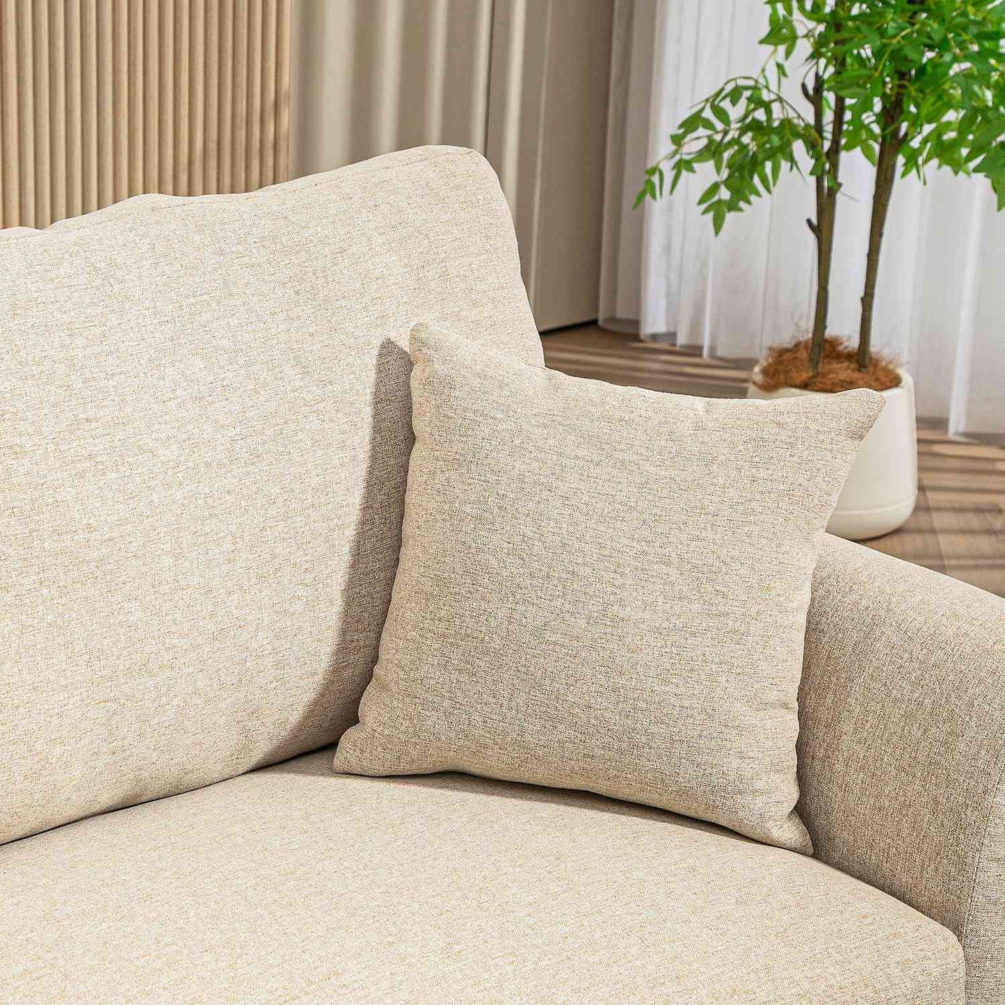 2-seater linen sofa, metal legs, beige upholstery