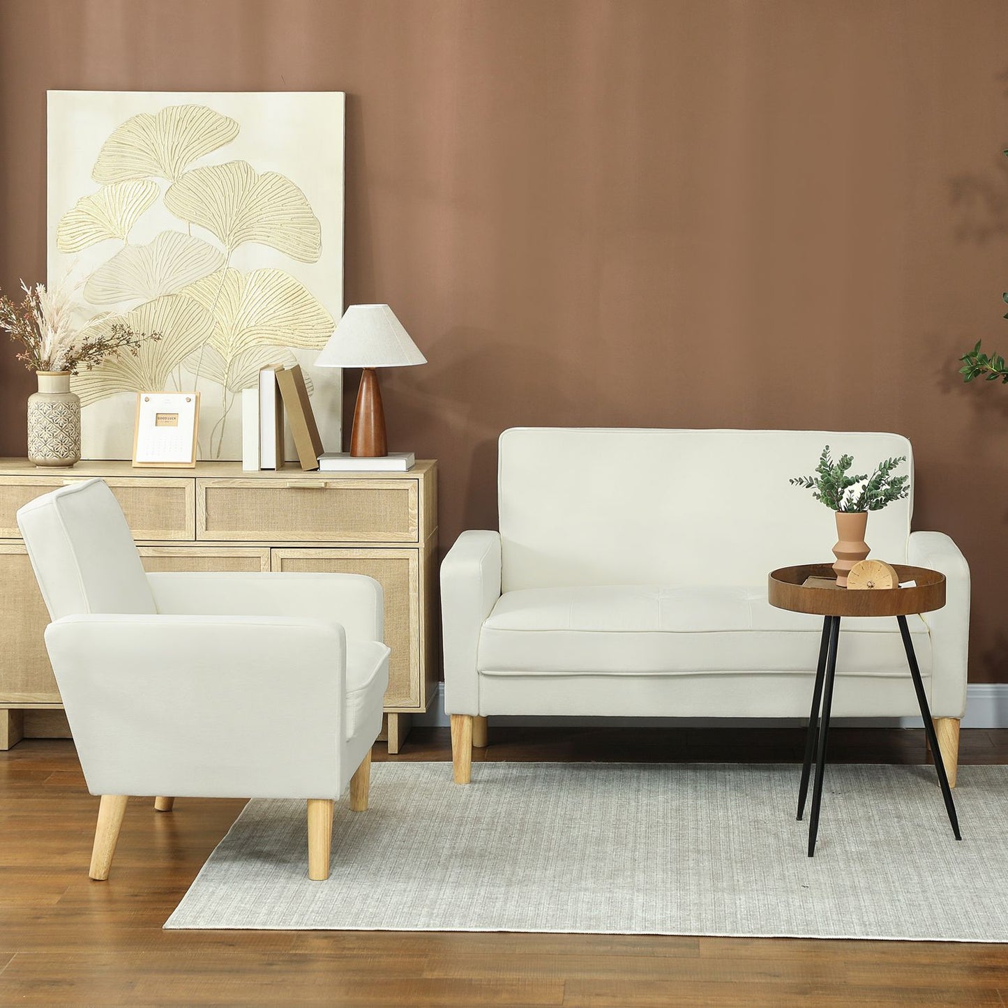 2-Seater Sofa, Cream White, Rubberwood Legs, Velvet-Look Fabric