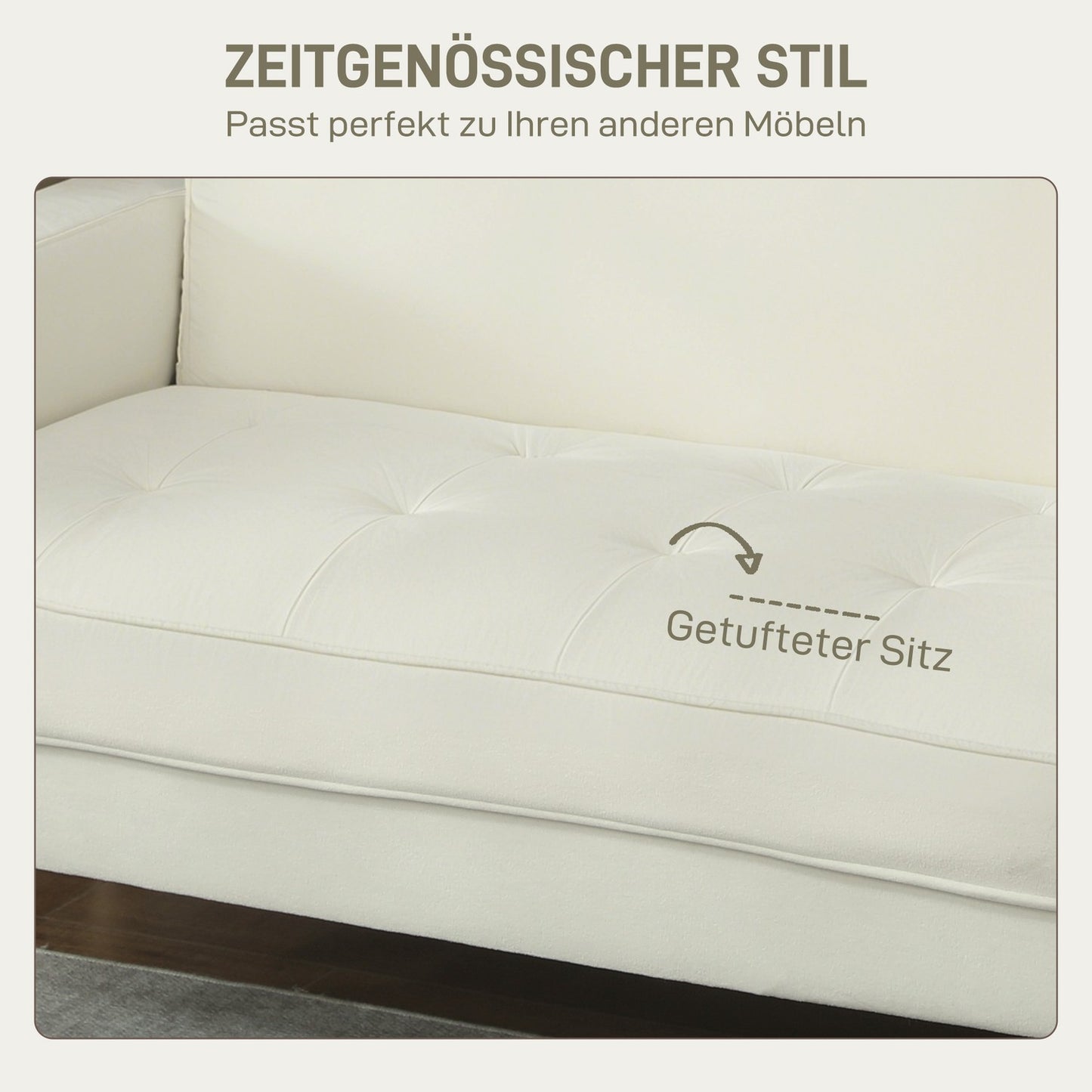 2-Seater Sofa, Cream White, Rubberwood Legs, Velvet-Look Fabric