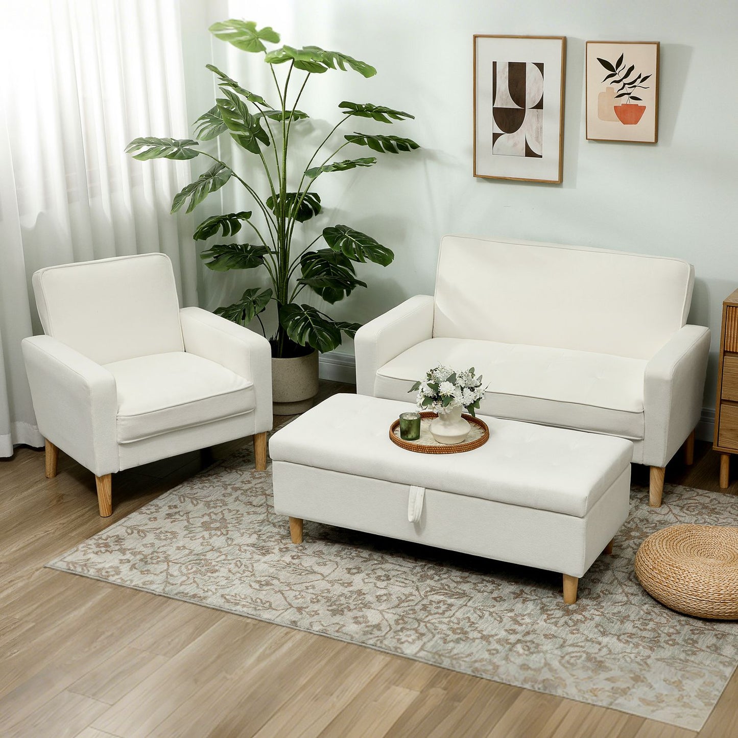 2-Seater Sofa, Cream White, Rubberwood Legs, Velvet-Look Fabric