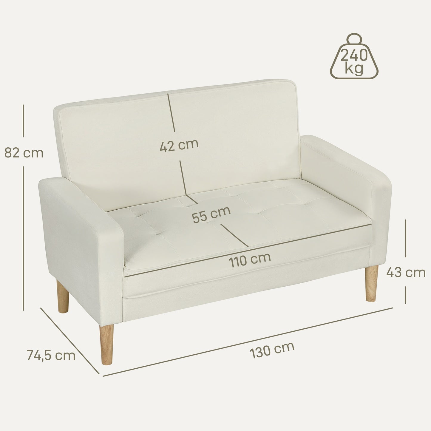 2-Seater Sofa, Cream White, Rubberwood Legs, Velvet-Look Fabric