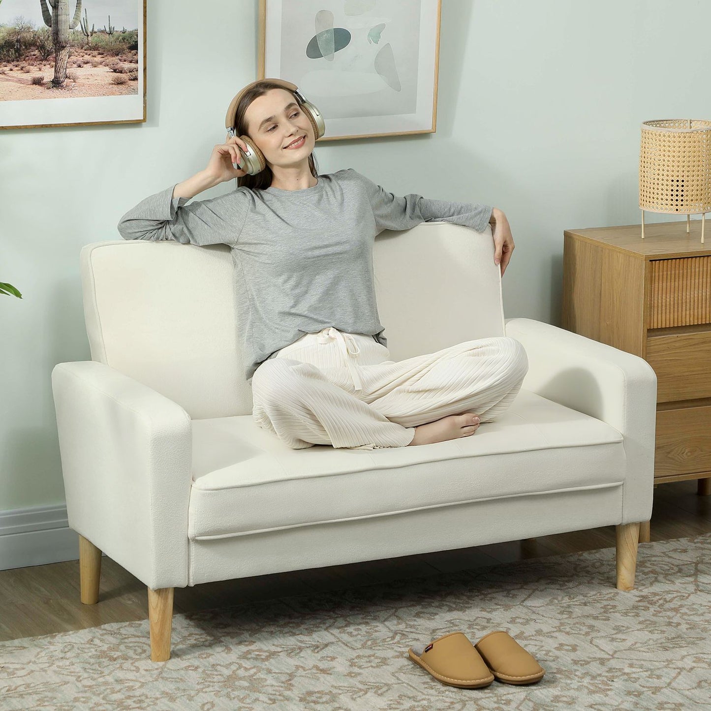 2-Seater Sofa, Cream White, Rubberwood Legs, Velvet-Look Fabric