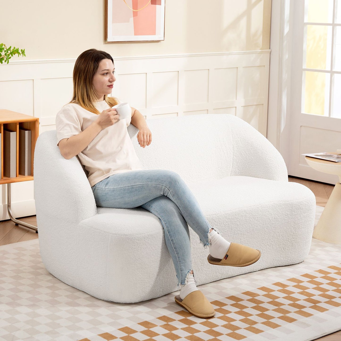 2-Seater Sofa, Curved Design, Fleece Upholstery, Cream White