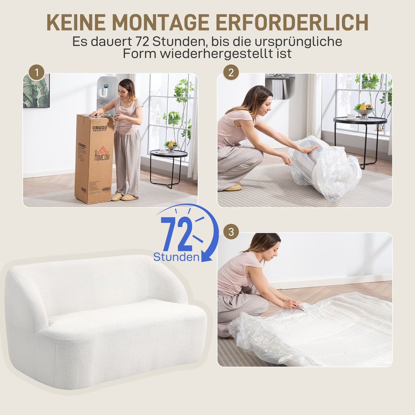 2-Seater Sofa, Curved Design, Fleece Upholstery, Cream White