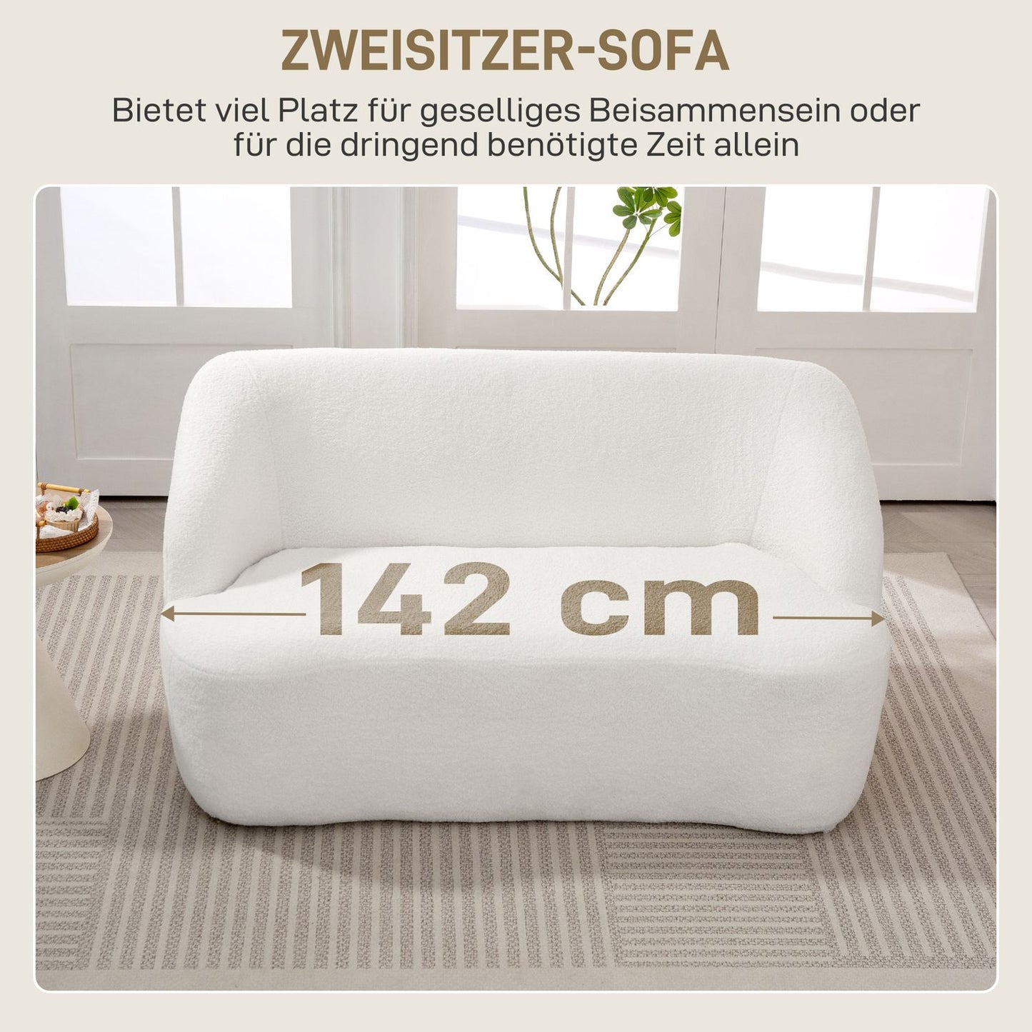 2-Seater Sofa, Curved Design, Fleece Upholstery, Cream White