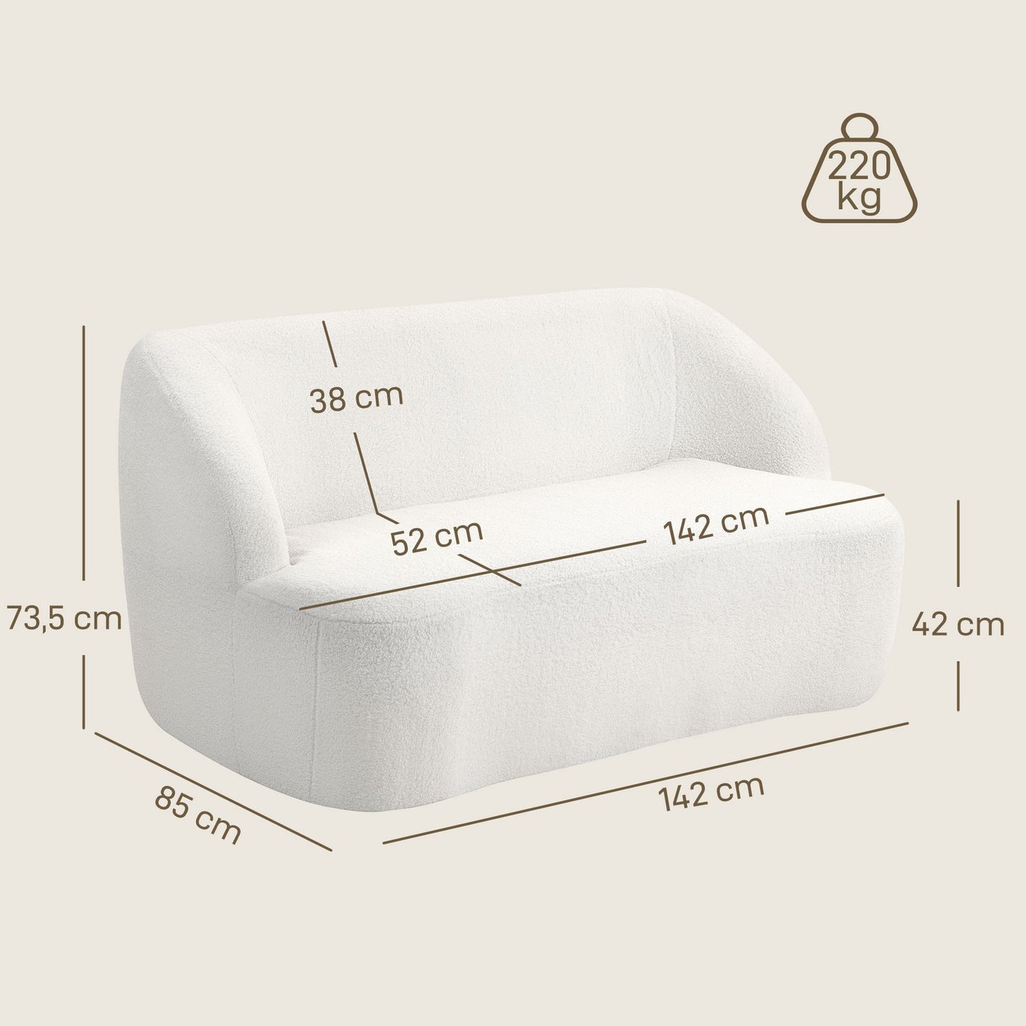 2-Seater Sofa, Curved Design, Fleece Upholstery, Cream White