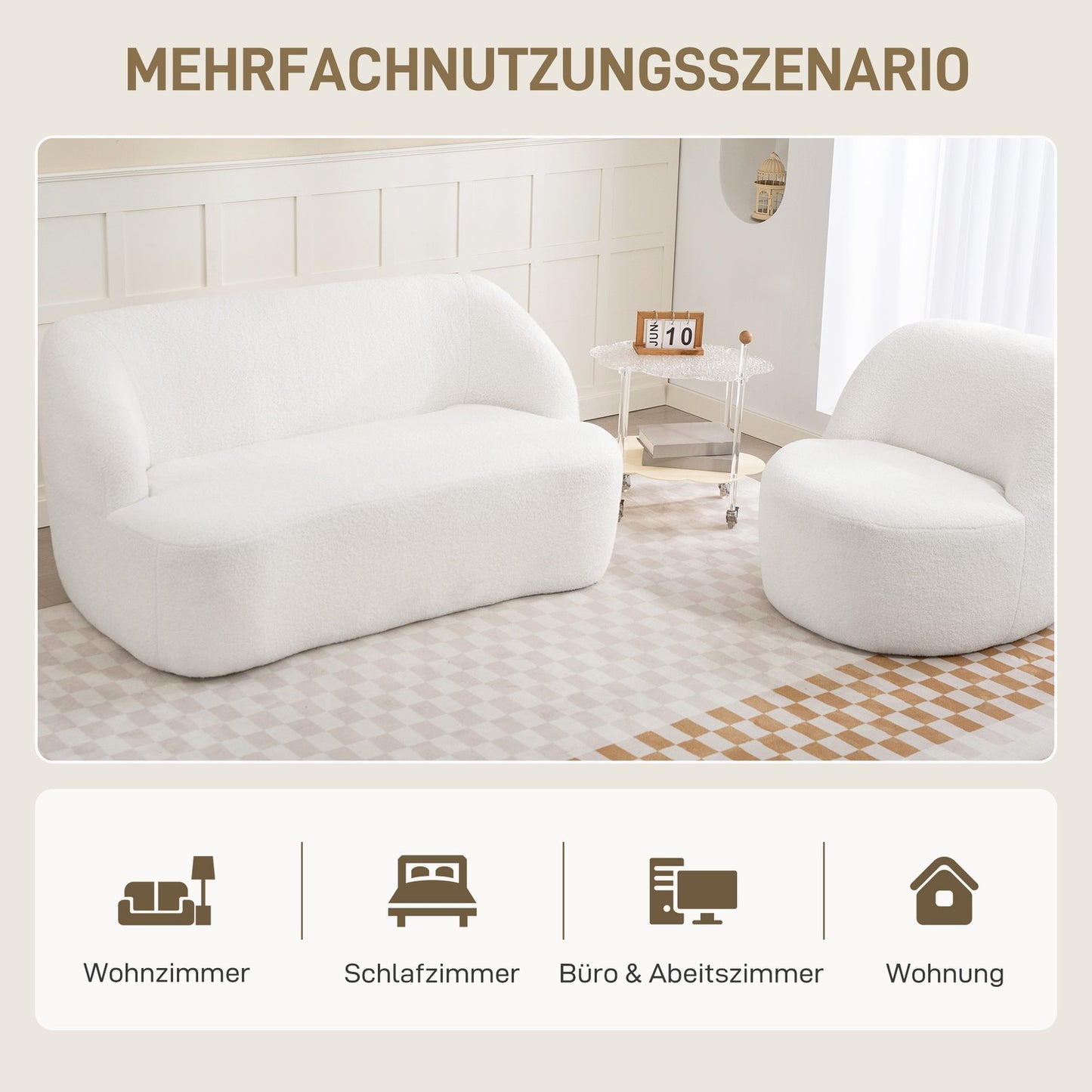2-Seater Sofa, Curved Design, Fleece Upholstery, Cream White