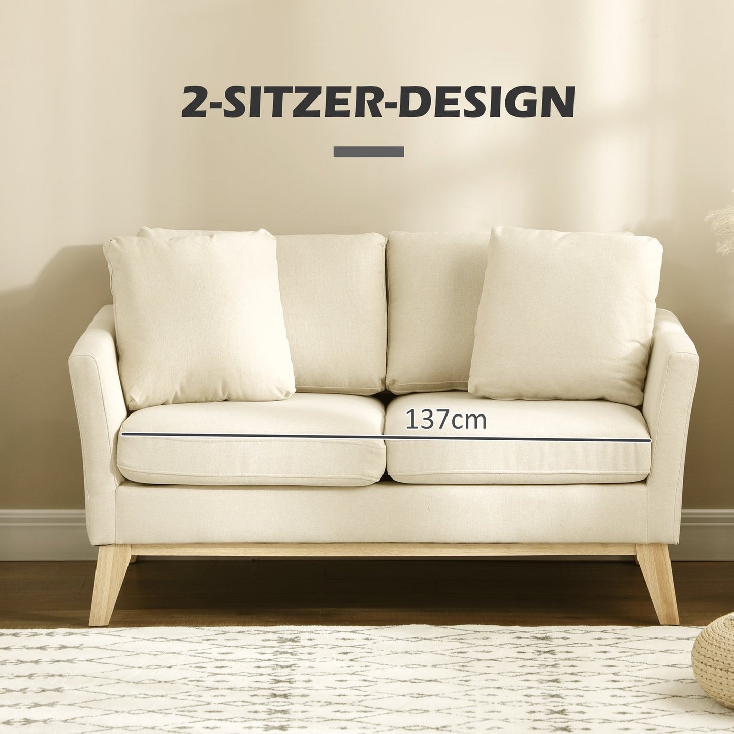 2-seater sofa in linen look, cushioned loveseat, beige