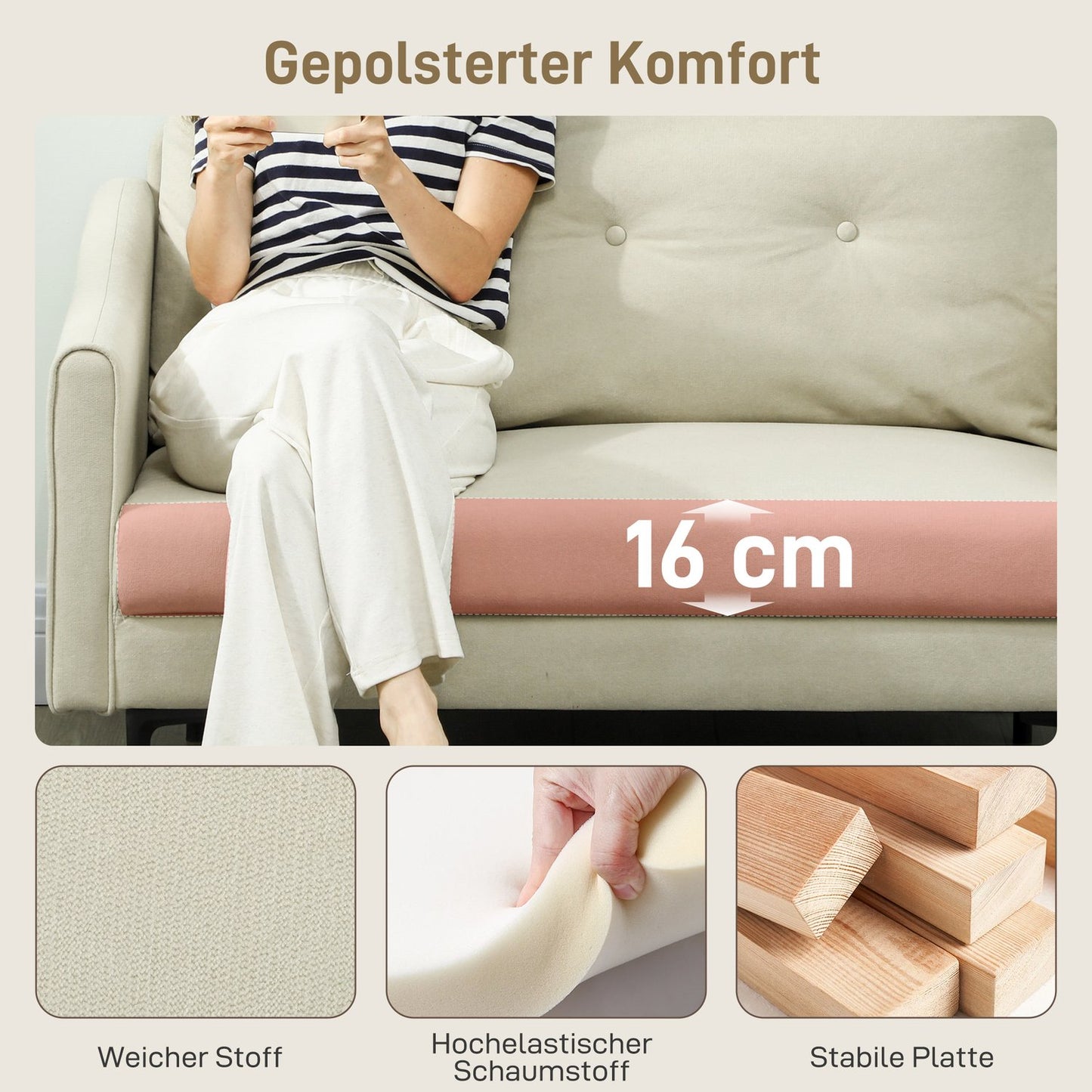 2-Seater Sofa, Foam Cushion, Fabric Cover, Cream White