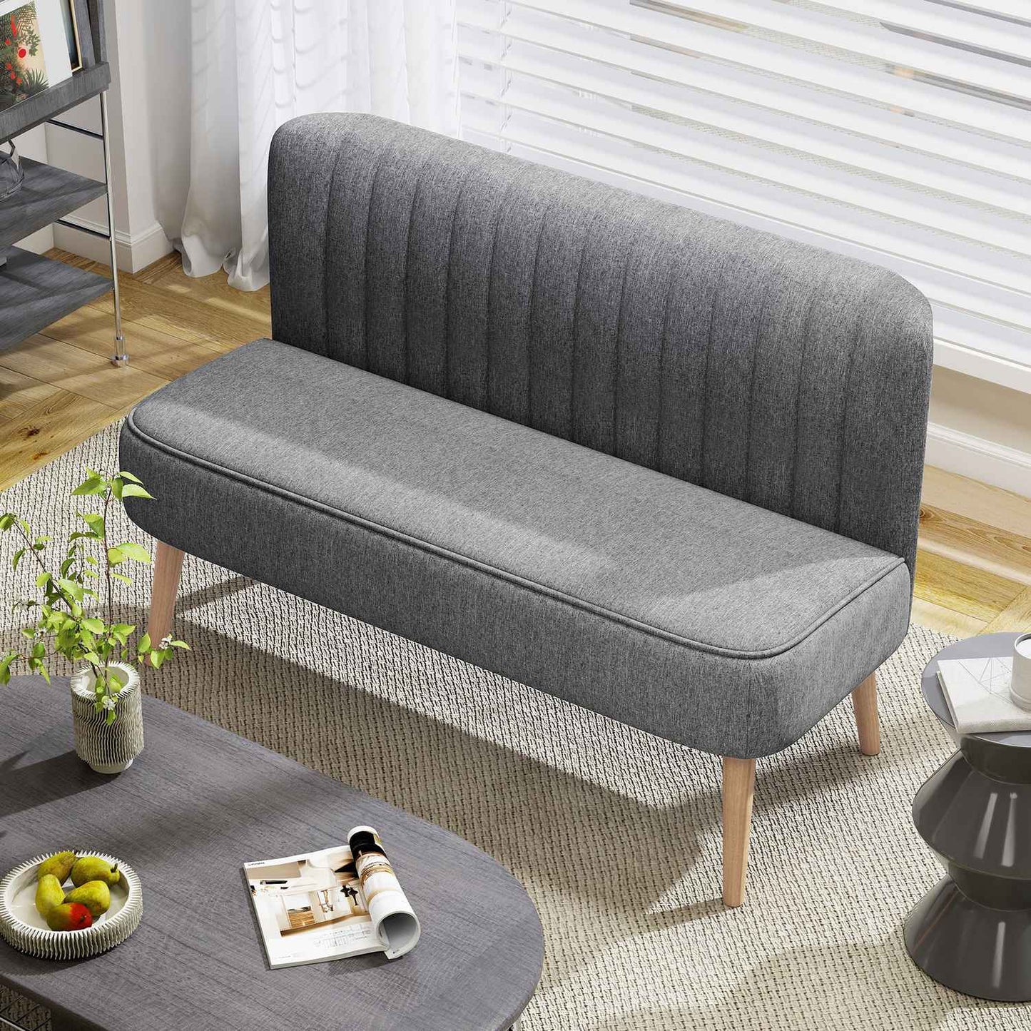 2-Seater Sofa, Linen Look, Wood Frame, 117 cm, Gray