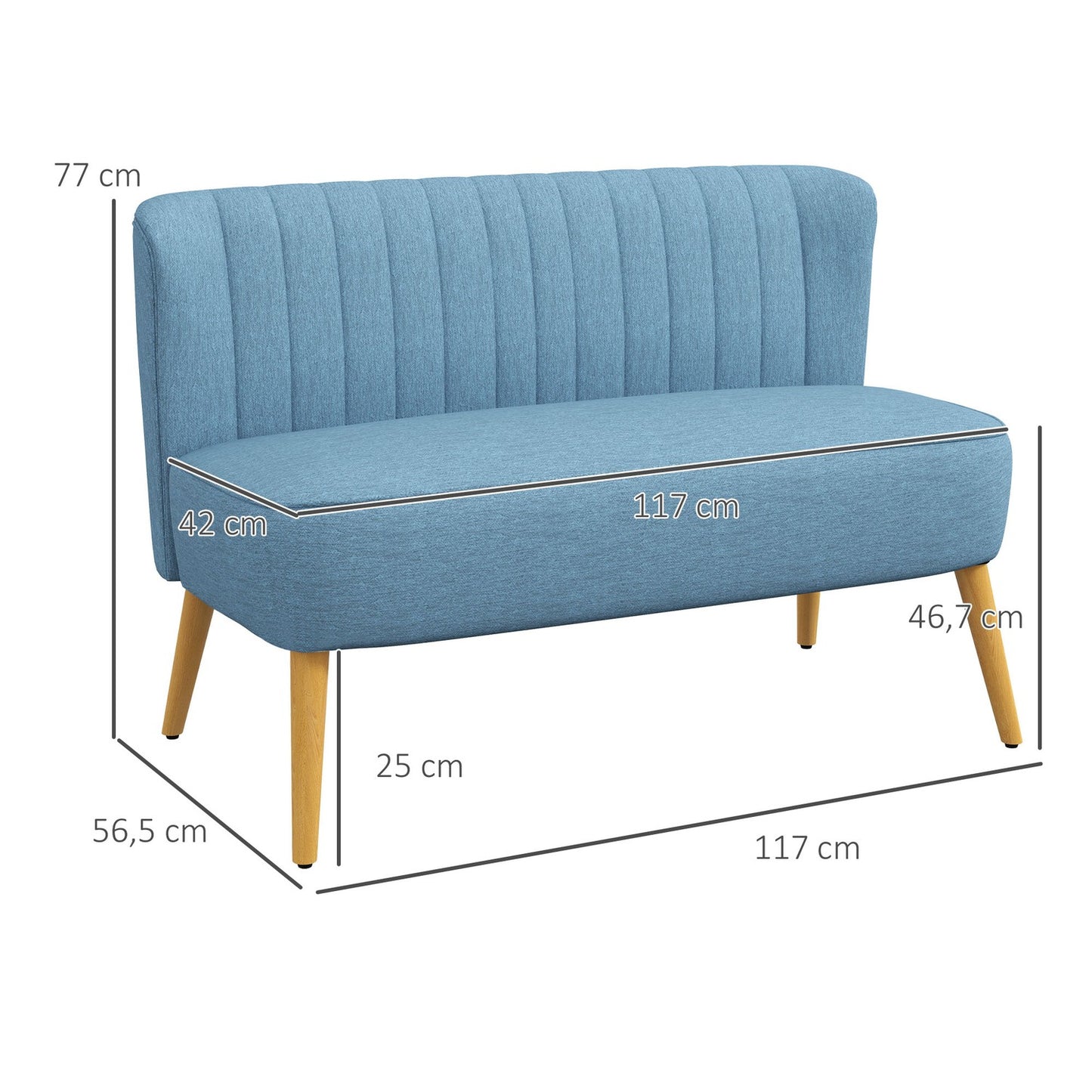 2-seater Linne Loveseat, wooden legs, blue, 150 kg capacity