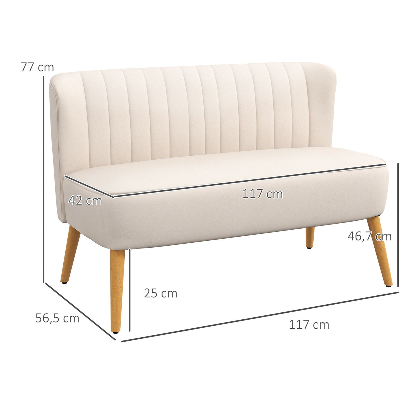 2-seater Linne Look Loveseat, wooden legs, cream white