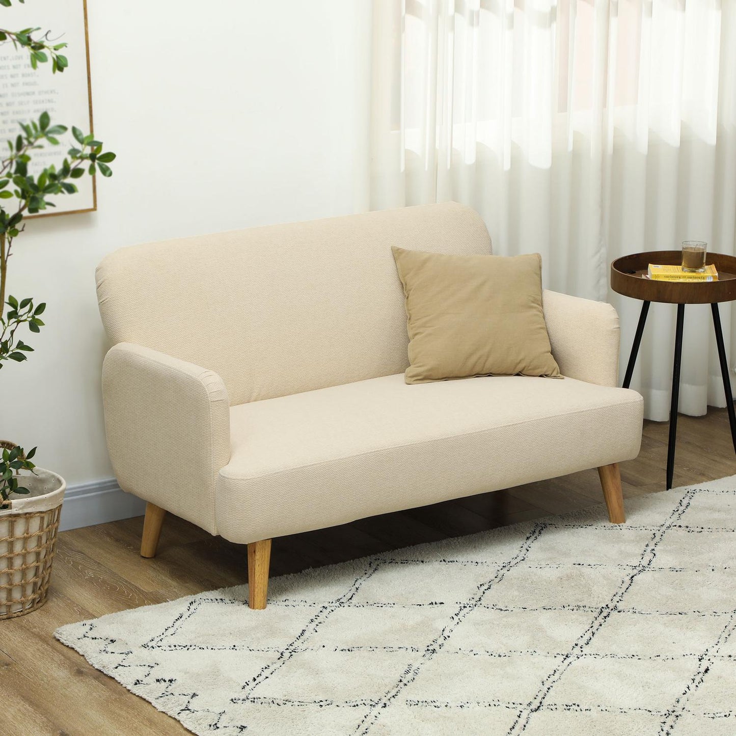 Small velvet sofa, wooden legs, cream, 2-seater for living room