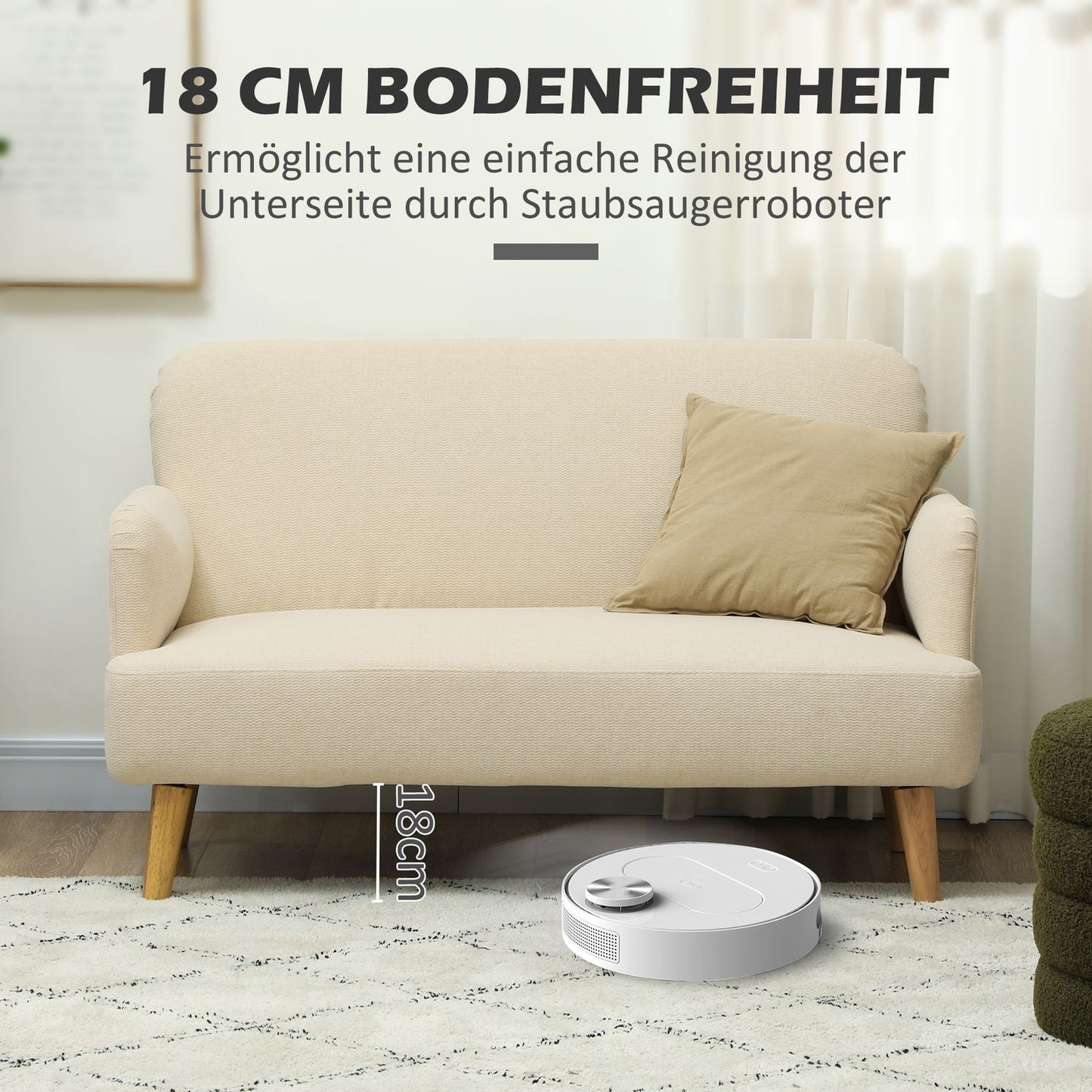 Small velvet sofa, wooden legs, cream, 2-seater for living room