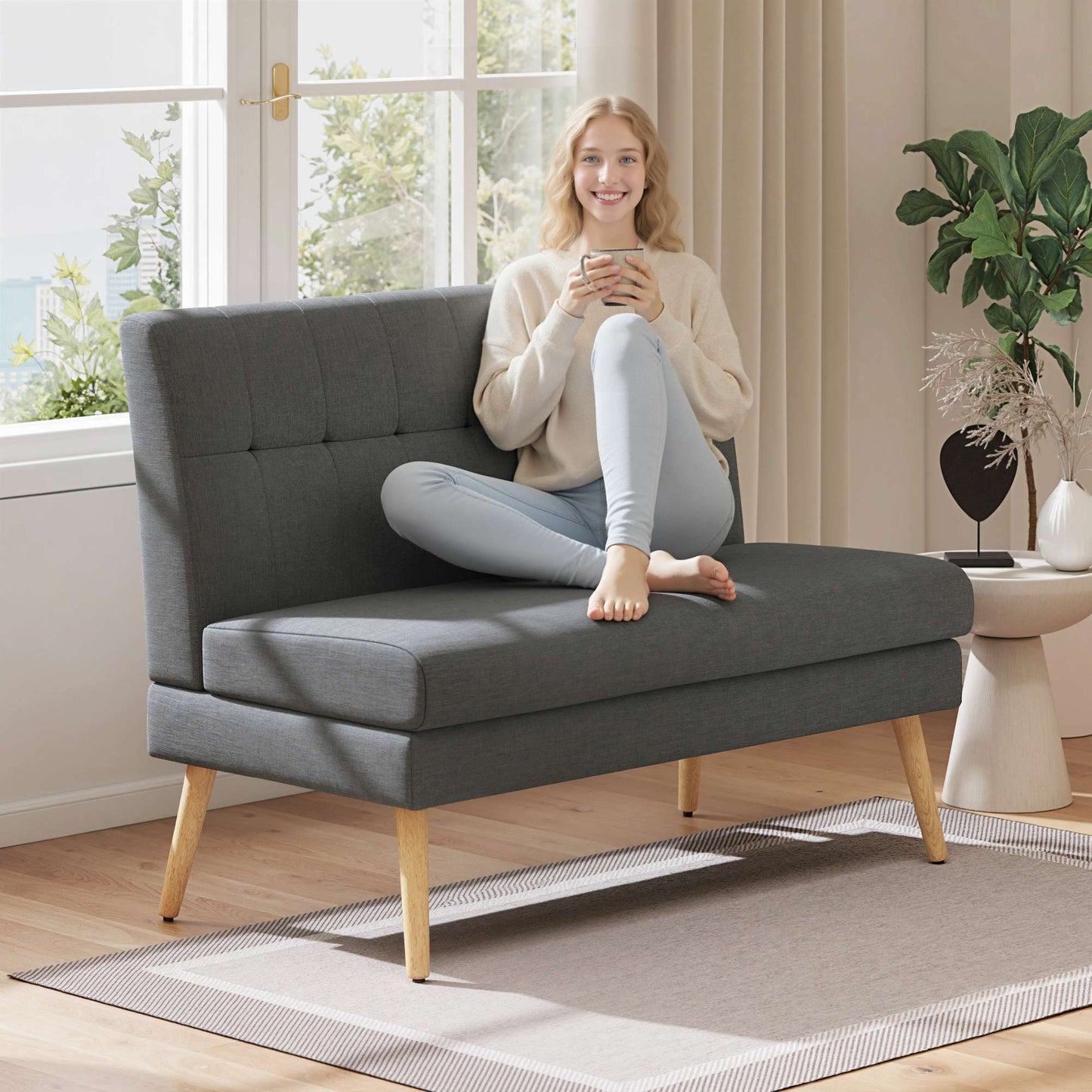 2-Seater Sofa, Tufted Back, Wood Legs, Linen Look, Grey