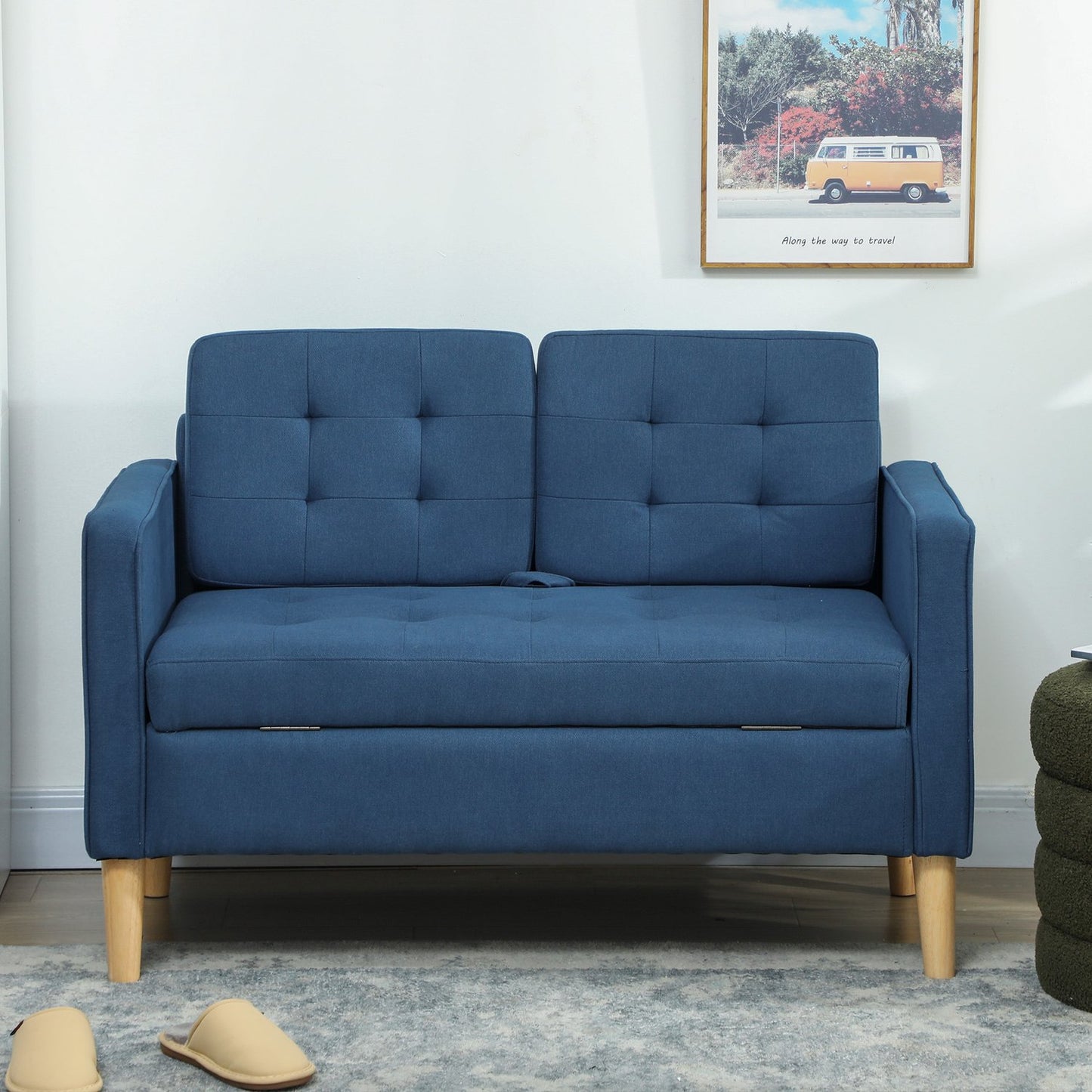 2-Seater Sofa with Storage, Blue Velvet, Compact Design