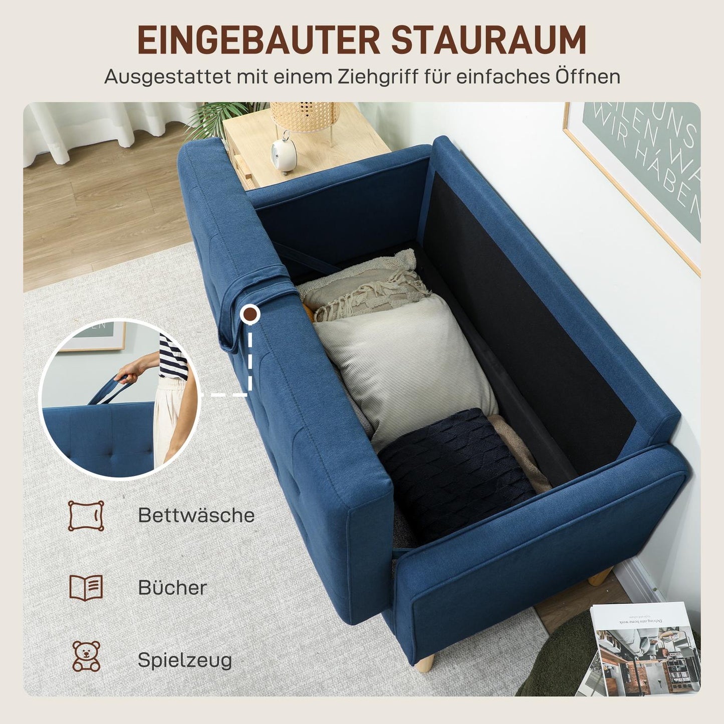 2-Seater Sofa with Storage, Blue Velvet, Compact Design