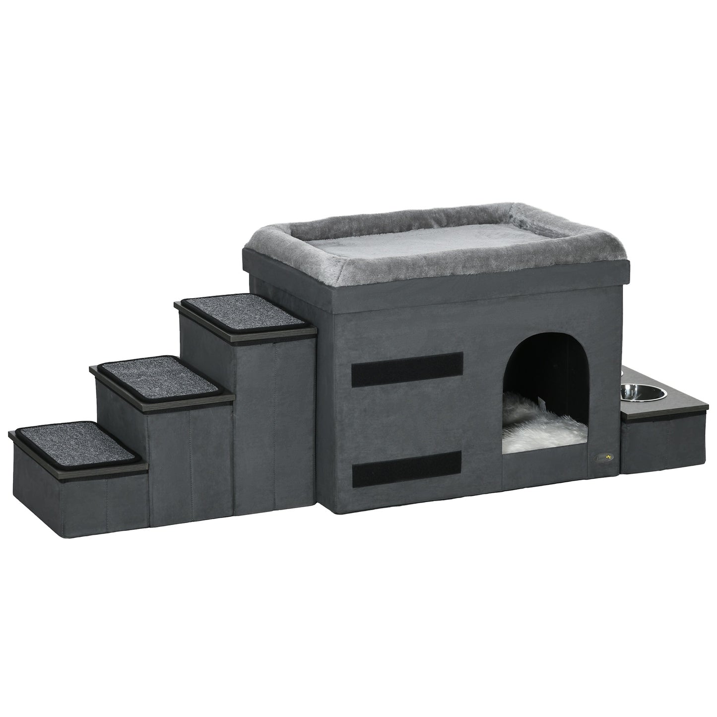 Cat bed with 2 bowls in stainless steel, grey, up to 8 kg