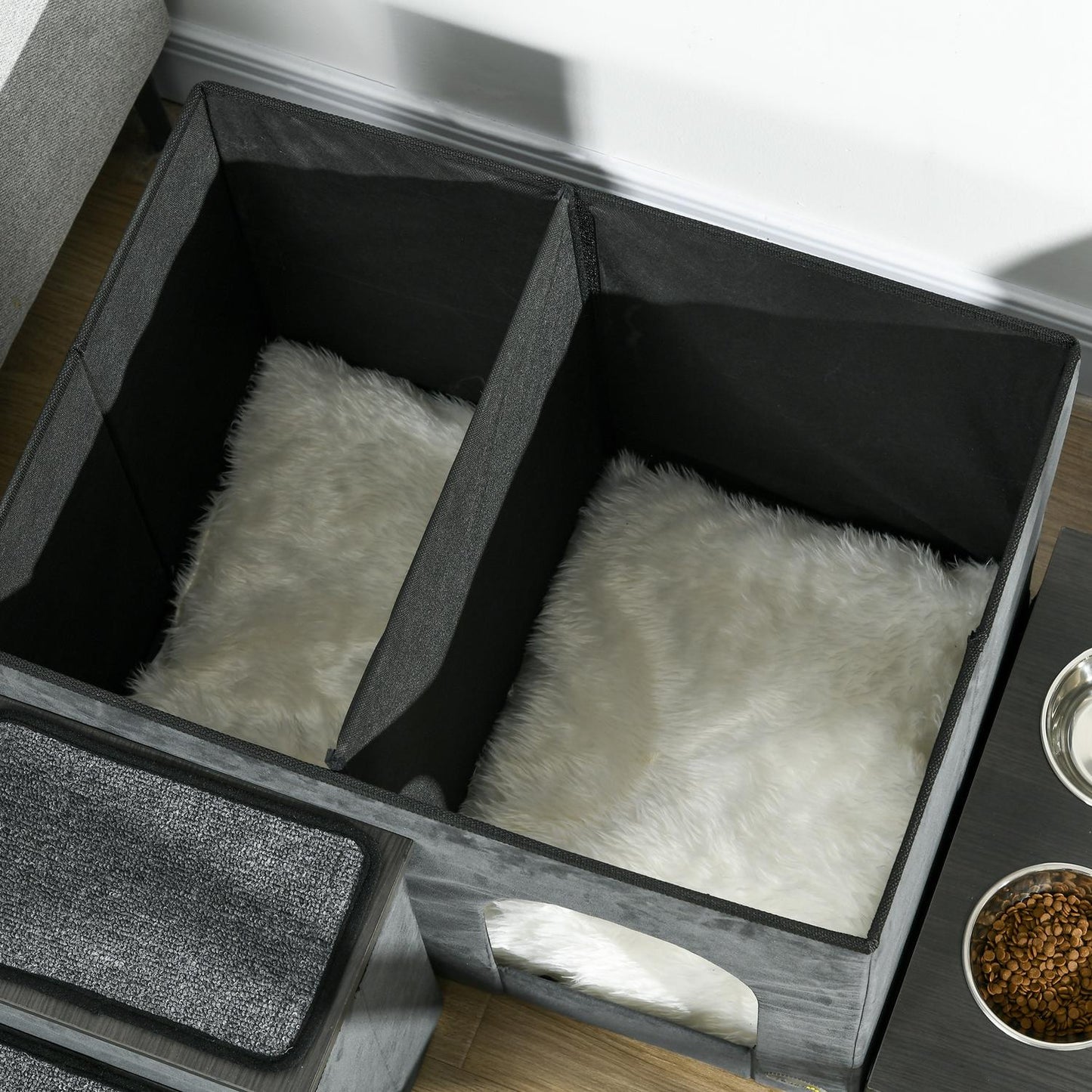 Cat bed with 2 bowls in stainless steel, grey, up to 8 kg