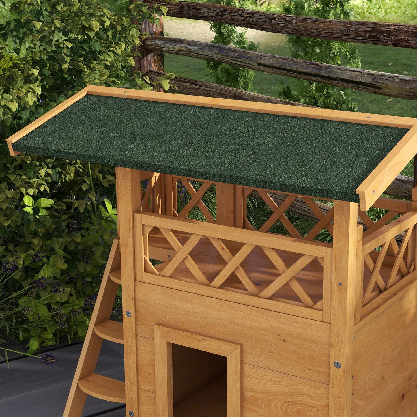 Wooden 2-story cat house with balcony and asphalt roof