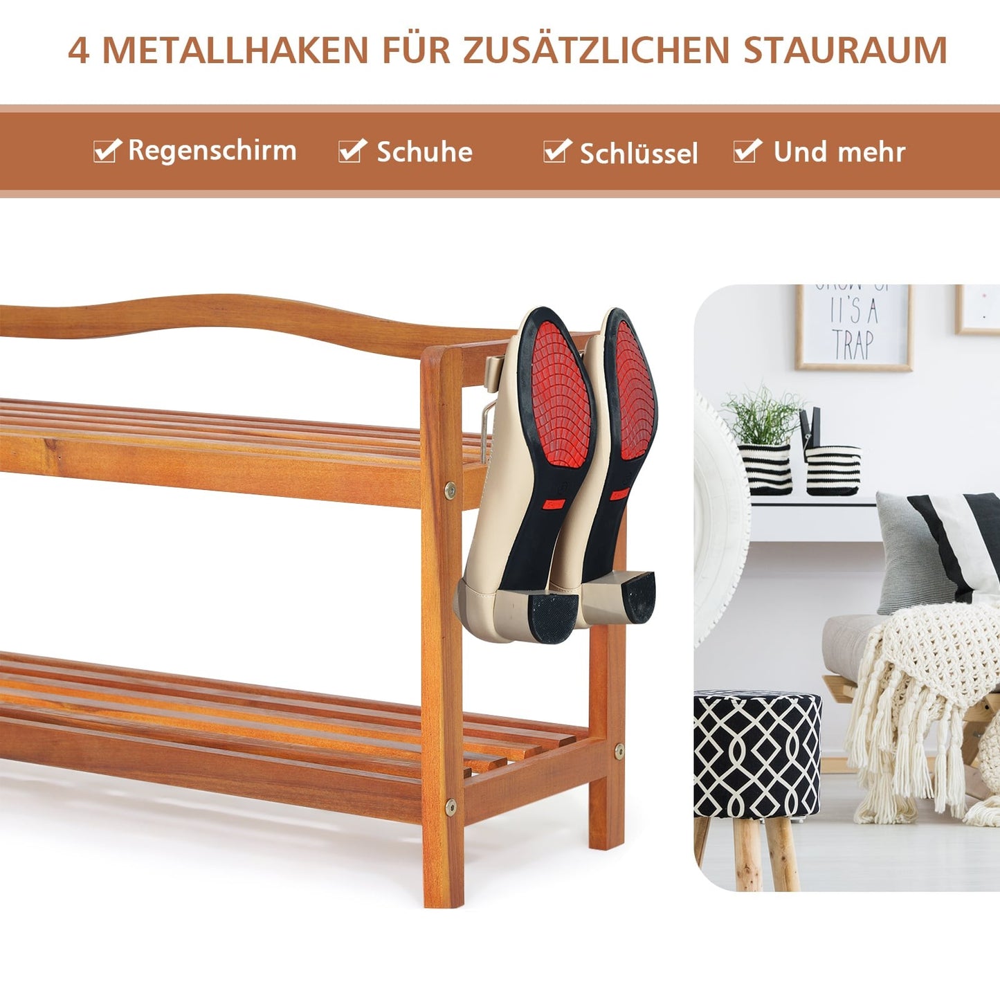 2-Tier Acacia Wood Shoe Rack with Side Hooks