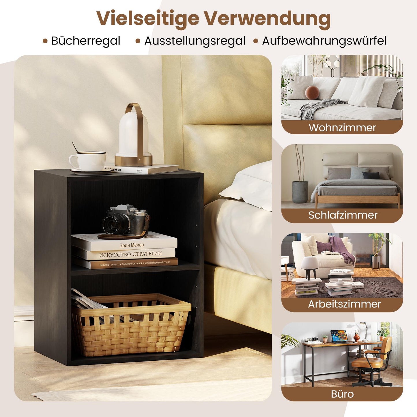 2-Tier Black Wood Bookshelf with Adjustable Shelves