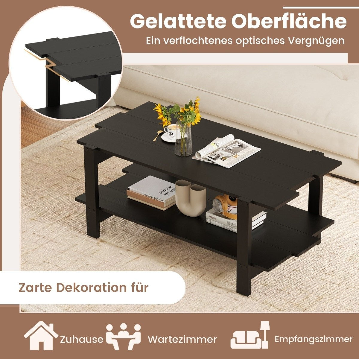 2-Tier Coffee Table with Shelf, Black Wood