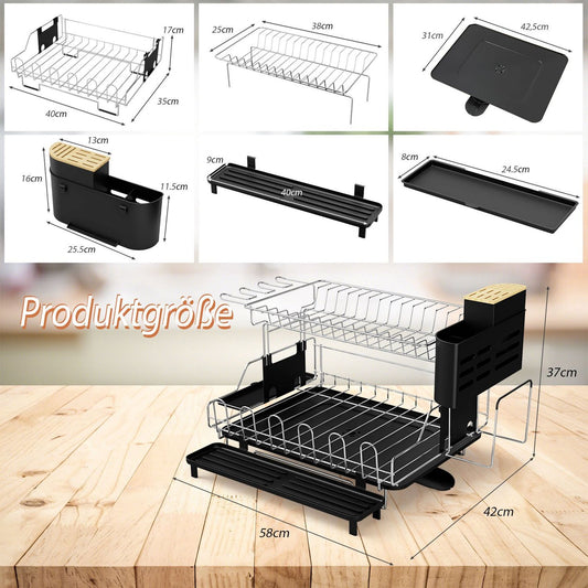 2-Tier Dish Rack Removable Dish Drainer Black 58 x 42 x 37 cm